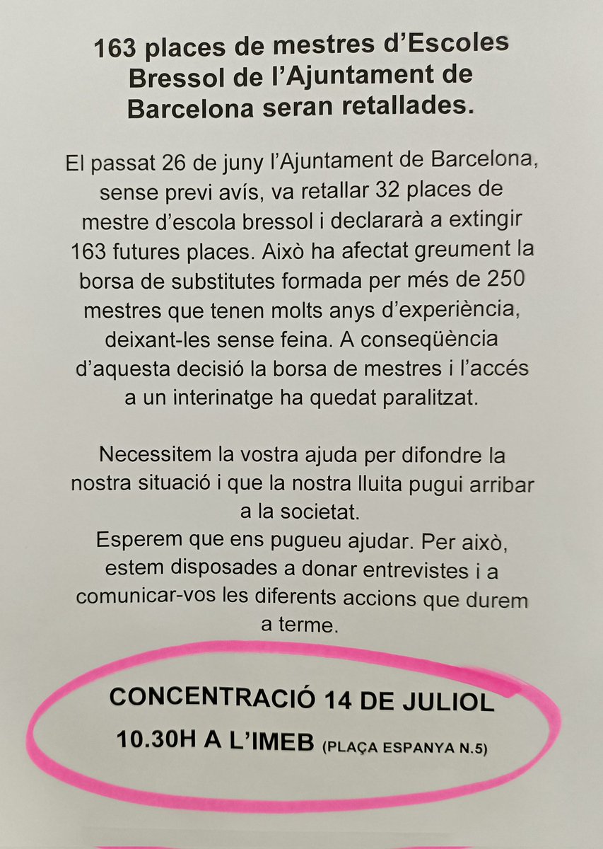Les mestres de les escoles bressol municipals de #Barcelona en lluita per la seva feina
<a href="/A_RosaDeFoc/">Ateneu Rosa de Foc</a> <a href="/conselleducacio/">Consell Educació</a> <a href="/CGTEnsenyament/">CGT Ensenyament 🚩🏴</a> <a href="/CNTEnsenyament/">CNT Ensenyament</a> <a href="/cgtensebcn/">CGT Ensenyament BCN #lalluitaeduca</a> <a href="/EnsenyamentUSOC/">FEUSOC</a> <a href="/FETE_UGT/">UGT Educació</a> <a href="/CCOOpublica/">CCOOEducació Pública</a> <a href="/USTEC_Barcelona/">USTEC·STEs BARCELONA</a>