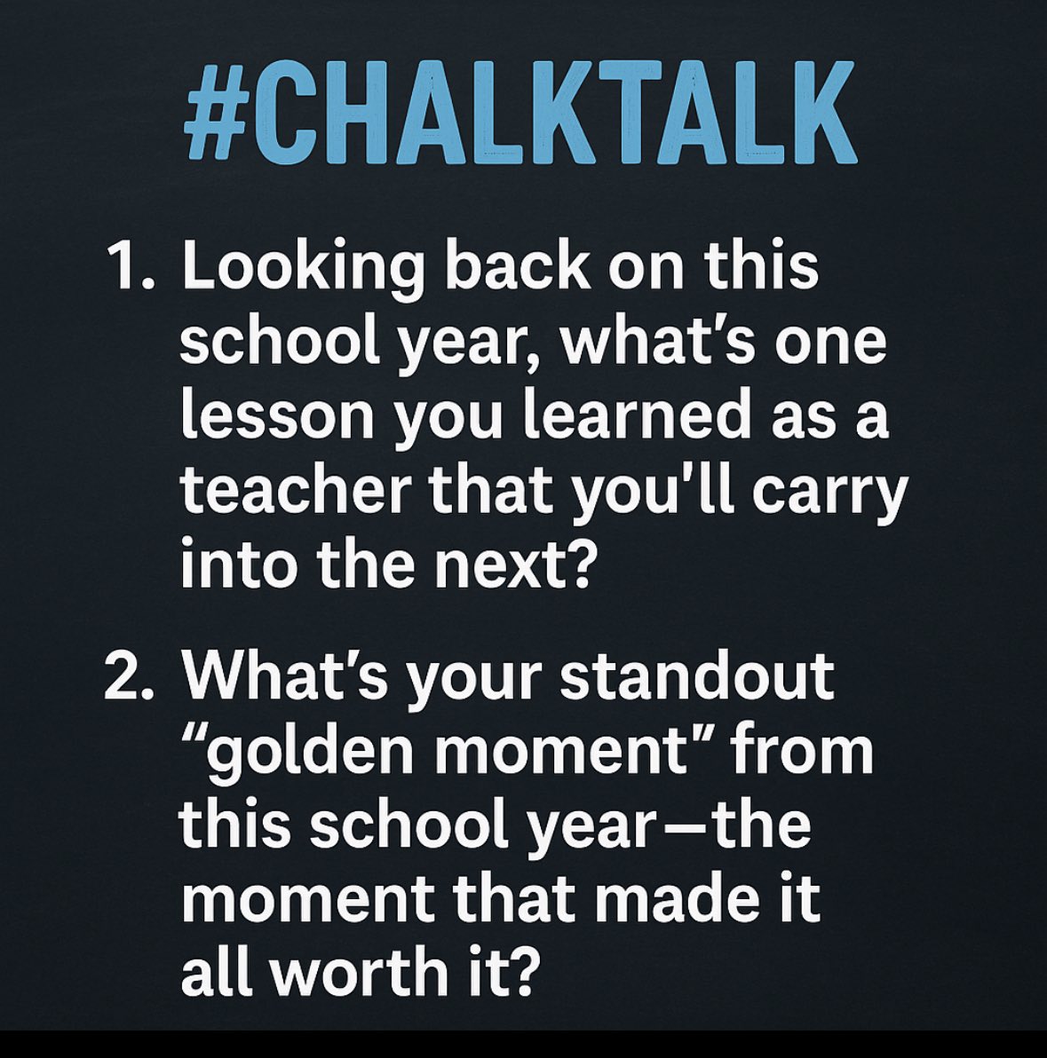 Good evening everyone! It’s time for #chalktalk 
2 questions
1 big chat
Please just answer below and get the conversation going! 
Feel free to like and repost so that more join in. Let’s get Edutwitter back!
Here are this week’s Qs!