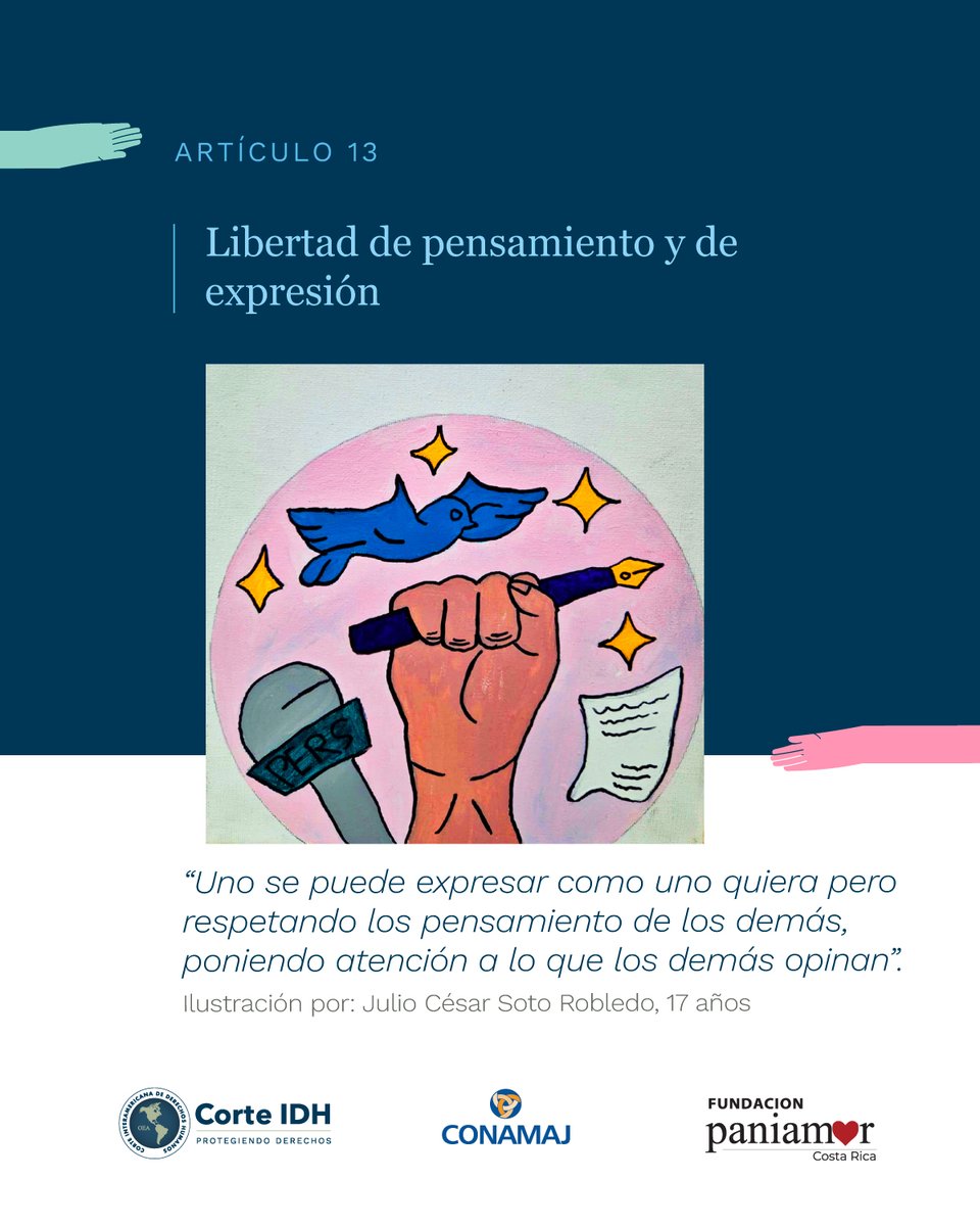 CorteIDH's tweet photo. La Convención Americana sobre Derechos Humanos interpretada e ilustrada por niñas, niños y adolescentes de América Latina y el Caribe es una mirada fresca y poderosa a los derechos fundamentales desde sus propias perspectivas.

En esta galería compartimos algunas de las ilustraciones que acompañan los artículos de la Convención:

🔵 Artículo 6: Prohibición de la esclavitud y servidumbre
🔵 Artículo 7: Derecho a la libertad personal
🔵 Artículo 12: Libertad de conciencia y de religión
🔵 Artículo 13: Libertad de pensamiento y de expresión

📖 Explora el documento completo con todas las ilustraciones aquí: https://t.co/qojY4K7wi9

#CorteIDH
#DerechosHumanos
#CADH