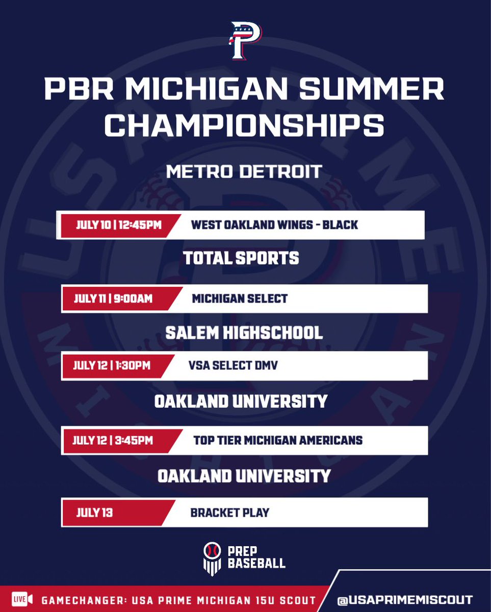 USA Prime Michigan 15u Scout Team (@usaprimemiscout) on Twitter photo Back in metro Detroit this weekend🔥
Schedule for <a href="/PrepBaseballMI/">Prep Baseball Michigan</a> Michigan Summer Championships!
Rosters will be available at event!
#primemovement | <a href="/USAPrimeMI/">USA Prime Michigan Baseball & Softball</a> Back in metro Detroit this weekend🔥
Schedule for <a href="/PrepBaseballMI/">Prep Baseball Michigan</a> Michigan Summer Championships!
Rosters will be available at event!
#primemovement | <a href="/USAPrimeMI/">USA Prime Michigan Baseball & Softball</a>