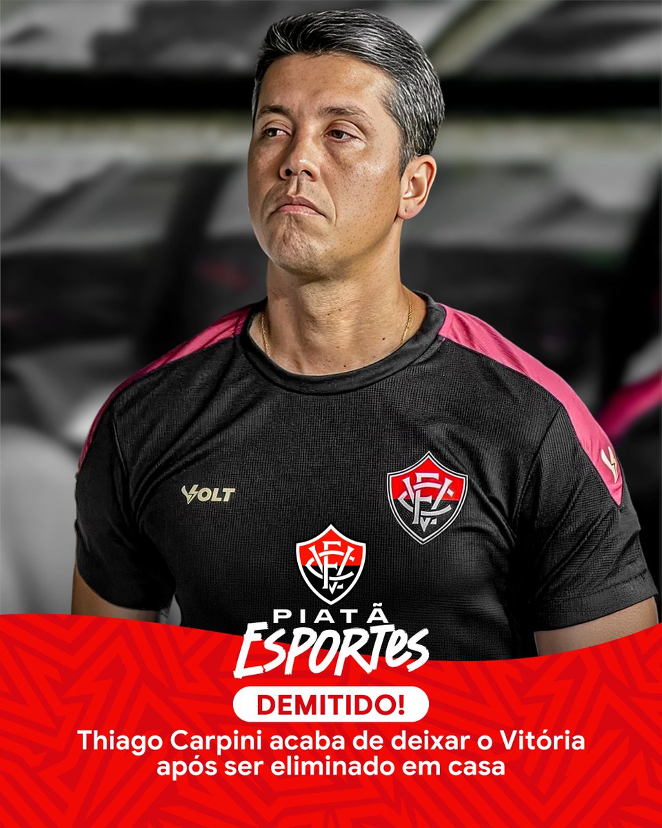 PiataFM's tweet image. 🚨 Thiago Carpini está fora do Vitória! Após eliminação no Nordestão, o treinador foi demitido nesta quarta (9/07). Márcio Goiano assume interinamente. Ciclo encerrado no Barradão.
#Vitória #ECVitória #ThiagoCarpini #CopaDoNordeste #FutebolBaiano #PiatãEsportes #PiatãFM