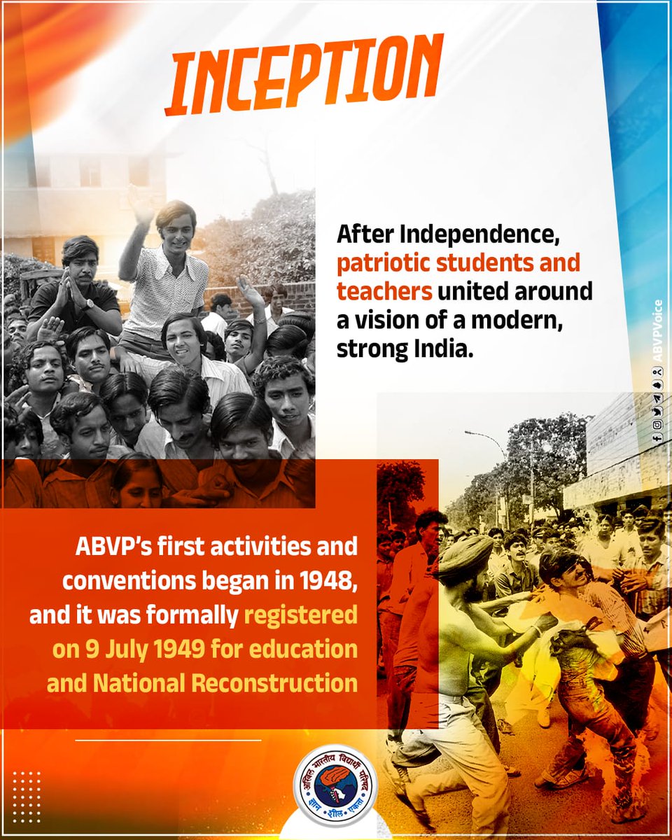 ABVPDelhi's tweet photo. #ABVPExplains: On this day in 1949, began a

journey to rebuild Bharat through its students. From resisting the Emergency's darkness to shaping education debates, from river cleanups to tribal literacy, ABVP's story is a saga of fearless youth rising for Bharat.
#abvp77years #abvp