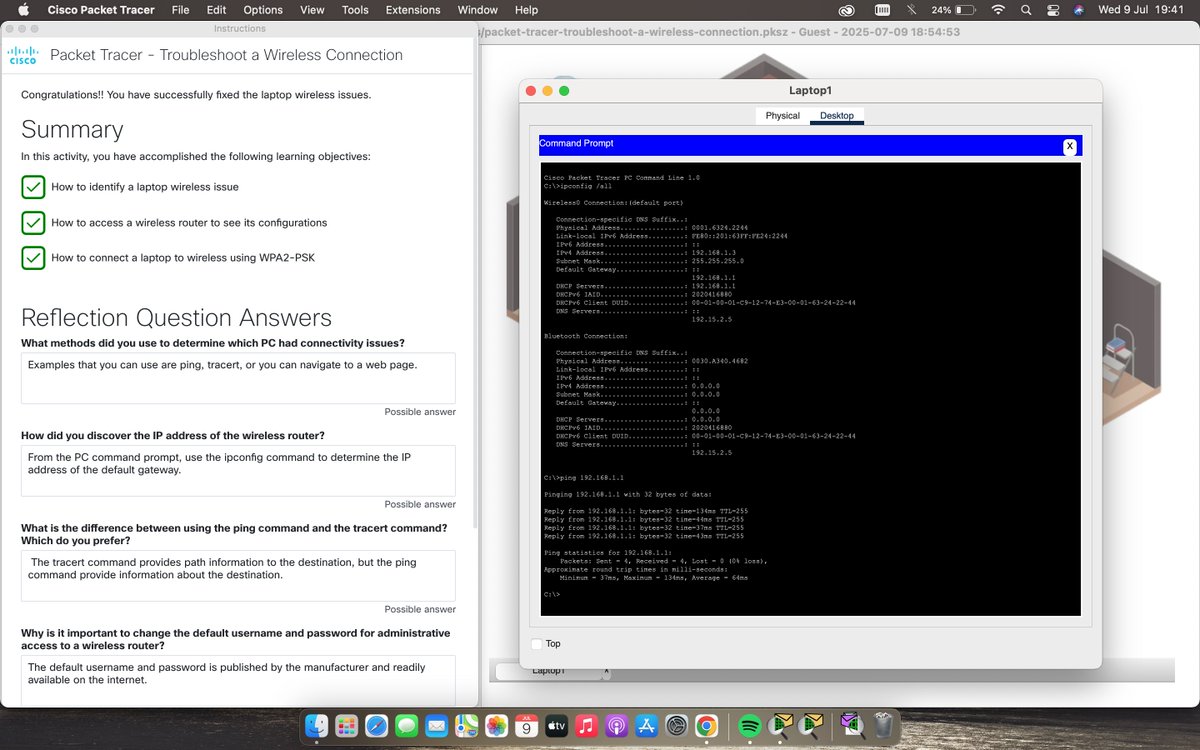 _emecon_'s tweet image. I concluded Module 5 of Endpoint Security where I learnt about WLAN threats and how to secure WLANs.
I was able to troubleshoot a wireless connection issue and restored connectivity to the devices. 

#CyberSecurity #EndpointSecurity #Networking