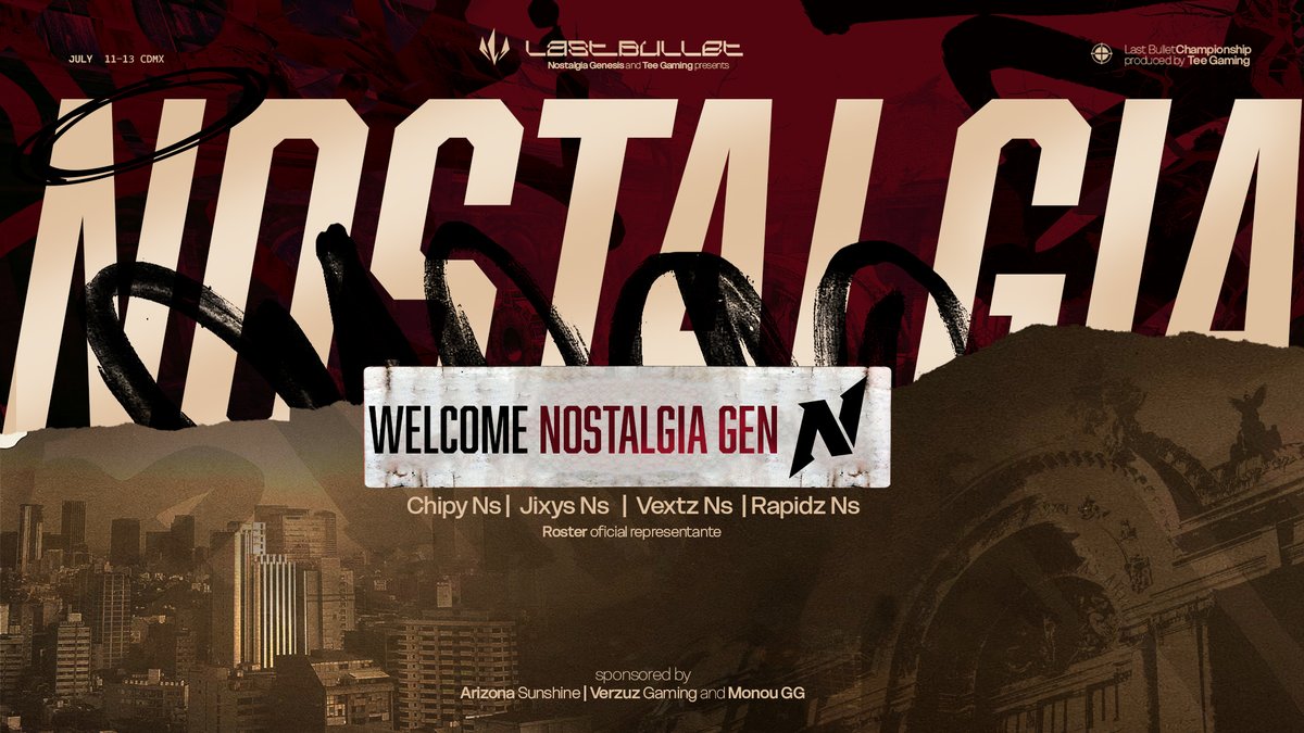 BIENVENIDOS
Queremos dar la bienvenida a <a href="/NostalgiaGnesis/">𝐍𝐨𝐬𝐭𝐚𝐥𝐠𝐢𝐚</a>  como Organización que participará en nuestro evento presencial Last Bullet: Championship 

Se harán presentes este 11 a 13 de Julio en <a href="/Monougg/">Monou</a>

Presentado por:
<a href="/TeeGamingOrg/">Tee Gaming</a>
<a href="/NostalgiaGnesis/">𝐍𝐨𝐬𝐭𝐚𝐥𝐠𝐢𝐚</a>

Patrocinadores:
<a href="/AZs_Org/">AZs</a>