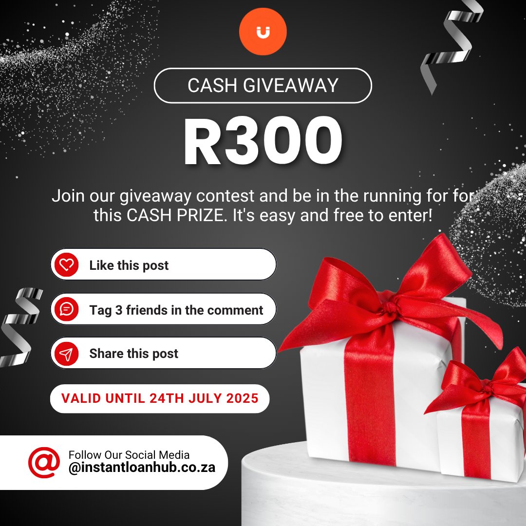 Instant Loan Hub (@instantloan_hub) on Twitter photo ๐ ๐ COMPETITION ALERT! ๐๐
Win R300 CASH!
1๏ธโฃ Follow: <a href="/InstantLoan_Hub/">Instant Loan Hub</a>
2๏ธโฃ Like this post
3๏ธโฃ Tag 3 friends
4๏ธโฃ Share (public)
Bonus: Comment why you want to win!
Ends midnight 24/07/25
Winner announced 25/07/25
Good luck! #InstantLoanHub #WinCash ๐ ๐ COMPETITION ALERT! ๐๐
Win R300 CASH!
1๏ธโฃ Follow: <a href="/InstantLoan_Hub/">Instant Loan Hub</a>
2๏ธโฃ Like this post
3๏ธโฃ Tag 3 friends
4๏ธโฃ Share (public)
Bonus: Comment why you want to win!
Ends midnight 24/07/25
Winner announced 25/07/25
Good luck! #InstantLoanHub #WinCash