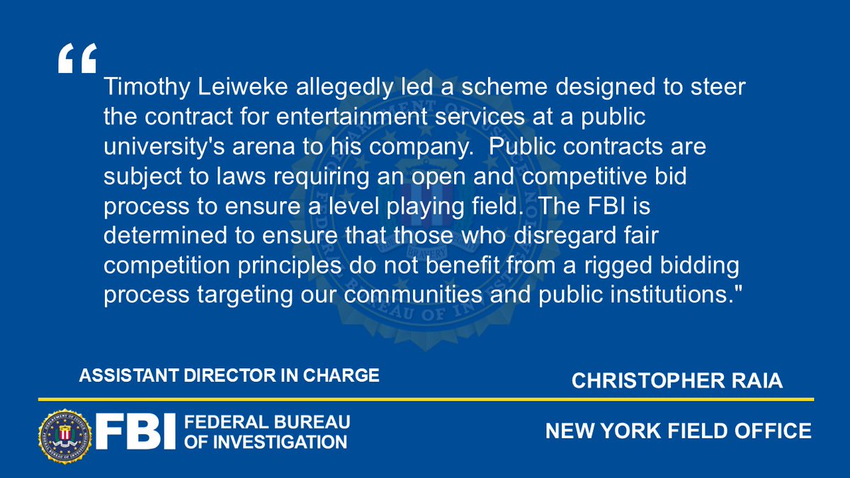 NewYorkFBI's tweet image. FBI New York along with @JusticeATR and @DOLOIG announced charges against Timothy J. Leiweke, the Chief Executive Officer of Oak View Group, for allegedly leading a scheme to rig the bidding process for an arena at a public university in Austin, Texas.
ow.ly/b5ML50WncUQ