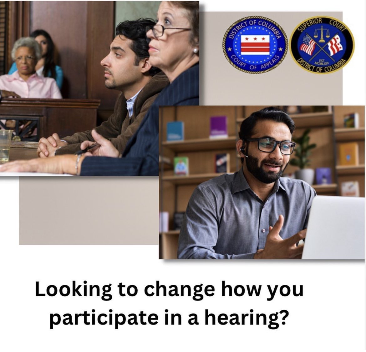 Are you looking to change how you participate in a hearing? Learn how to get started: dccourts.gov/hearing-inform…
 #DCCourts #AccessToJustice 💪