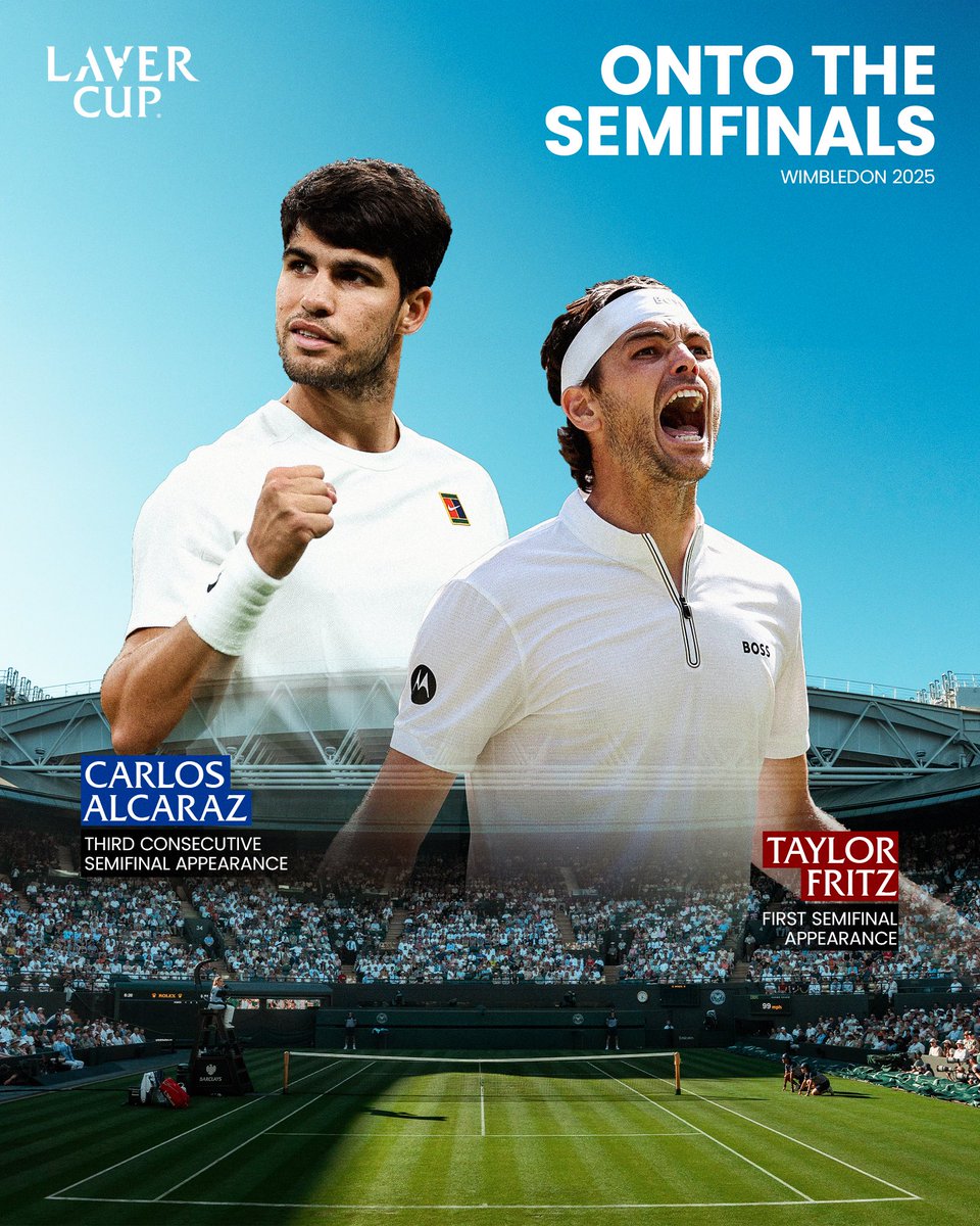 LaverCup's tweet image. Semifinals secured ✅
Carlos Alcaraz reaches his third straight Wimbledon semifinal, while Taylor Fritz breaks through for his first appearance.
#LaverCup #Wimbledon