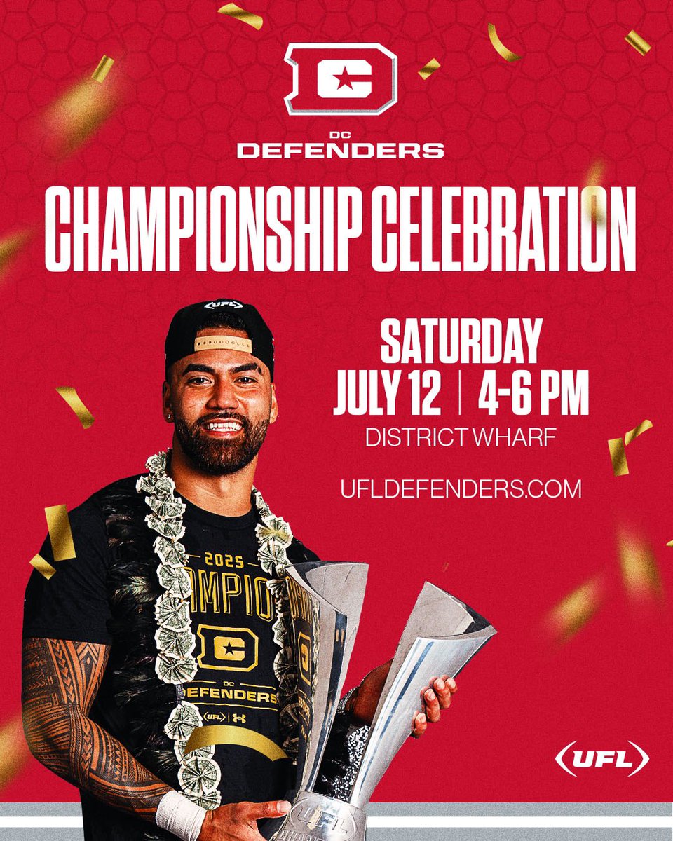 Mayor Muriel Bowser (@mayorbowser) on Twitter photo ICYMI: <a href="/XFLDefenders/">D.C. Defenders</a> are 2025 UFL Champions.🏆
Join fans and players this Saturday for a championship party on the Wharf.
Let's celebrate the team that puts the "champion" in District of Champions. ICYMI: <a href="/XFLDefenders/">D.C. Defenders</a> are 2025 UFL Champions.🏆
Join fans and players this Saturday for a championship party on the Wharf.
Let's celebrate the team that puts the "champion" in District of Champions.