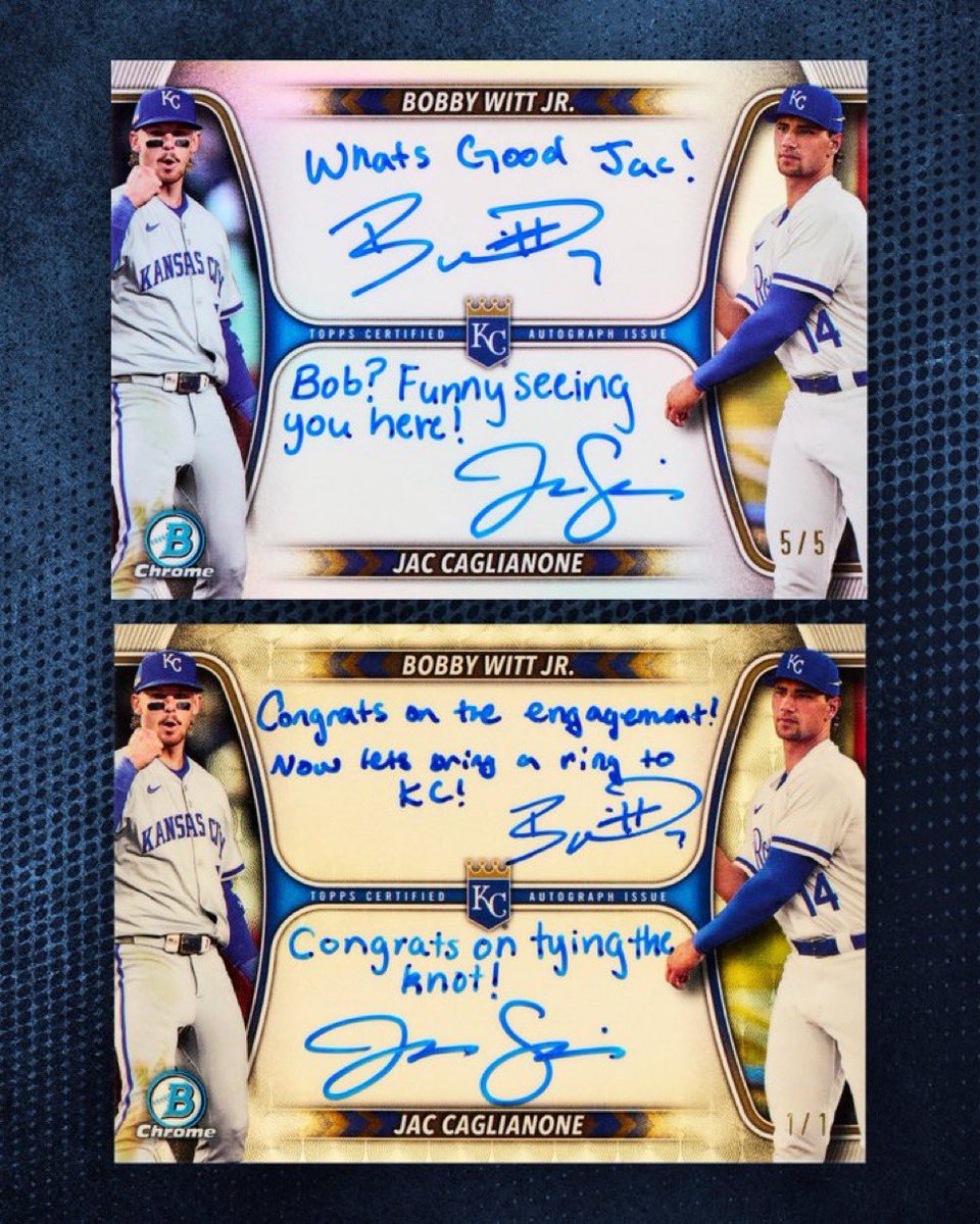 Bobby Witt Jr. and Jac Cags got into an inscription battle in the upcoming Bowman Chrome. 😂

📸: <a href="/Topps/">Topps</a>