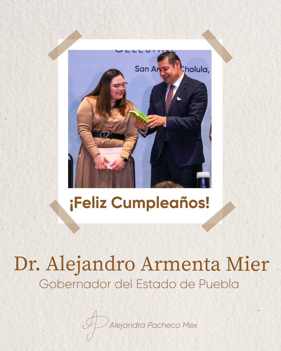 Alejandra Pacheco Mex (@ale_pachecomex) on Twitter photo Con aprecio y respeto, extiendo una cordial felicitación a nuestro gobernador <a href="/armentapuebla_/">Alejandro Armenta</a> por un año más de vida 🎉.
Le deseo salud, prosperidad y muchos éxitos para que continúe impulsando el desarrollo del Arte y la Cultura, siempre, Por Amor a Puebla. ❤️🌟 Con aprecio y respeto, extiendo una cordial felicitación a nuestro gobernador <a href="/armentapuebla_/">Alejandro Armenta</a> por un año más de vida 🎉.
Le deseo salud, prosperidad y muchos éxitos para que continúe impulsando el desarrollo del Arte y la Cultura, siempre, Por Amor a Puebla. ❤️🌟