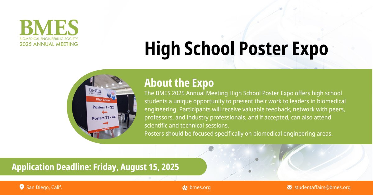 BMESociety's tweet image. Present your work at the BMES 2025 High School Poster Expo and connect with real biomedical engineers!
🧬 Open to HS juniors &amp;amp; seniors
💡 No lab experience needed
🔗 Apply here: hubs.la/Q03w4xkM0