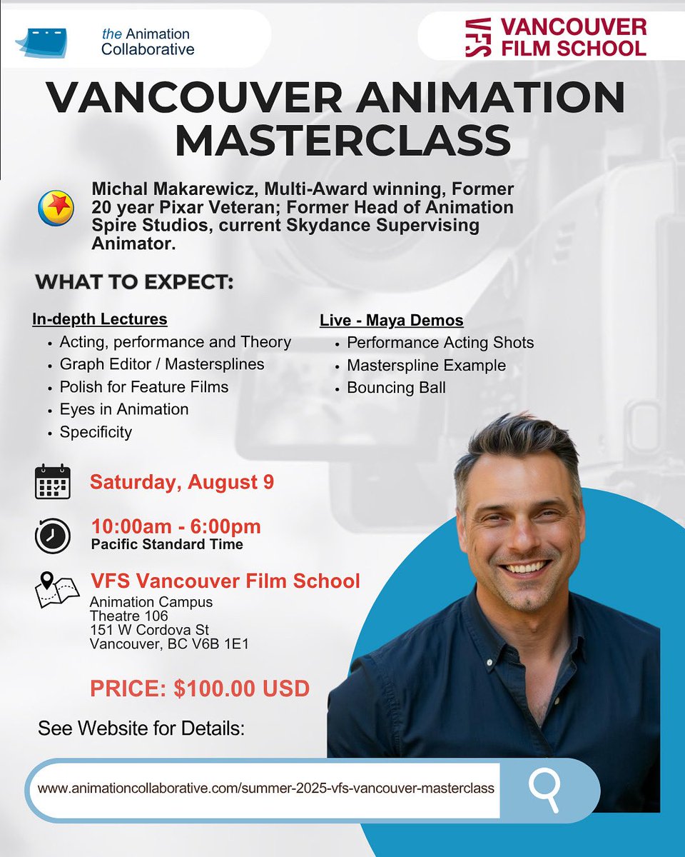animationcollab's tweet image. Join Pixar vet Michal Makarewicz for a 1-Day Animation Masterclass in Vancouver!
📍 VFS – Aug 9
⏰ 10am–6pm
💥 $100 Early Bird
🎟️ Limited spots!
Live demos, pro tips & 20+ yrs of insight. Don’t miss it!
#AnimationMasterclass #VFS #MichalMakarewicz