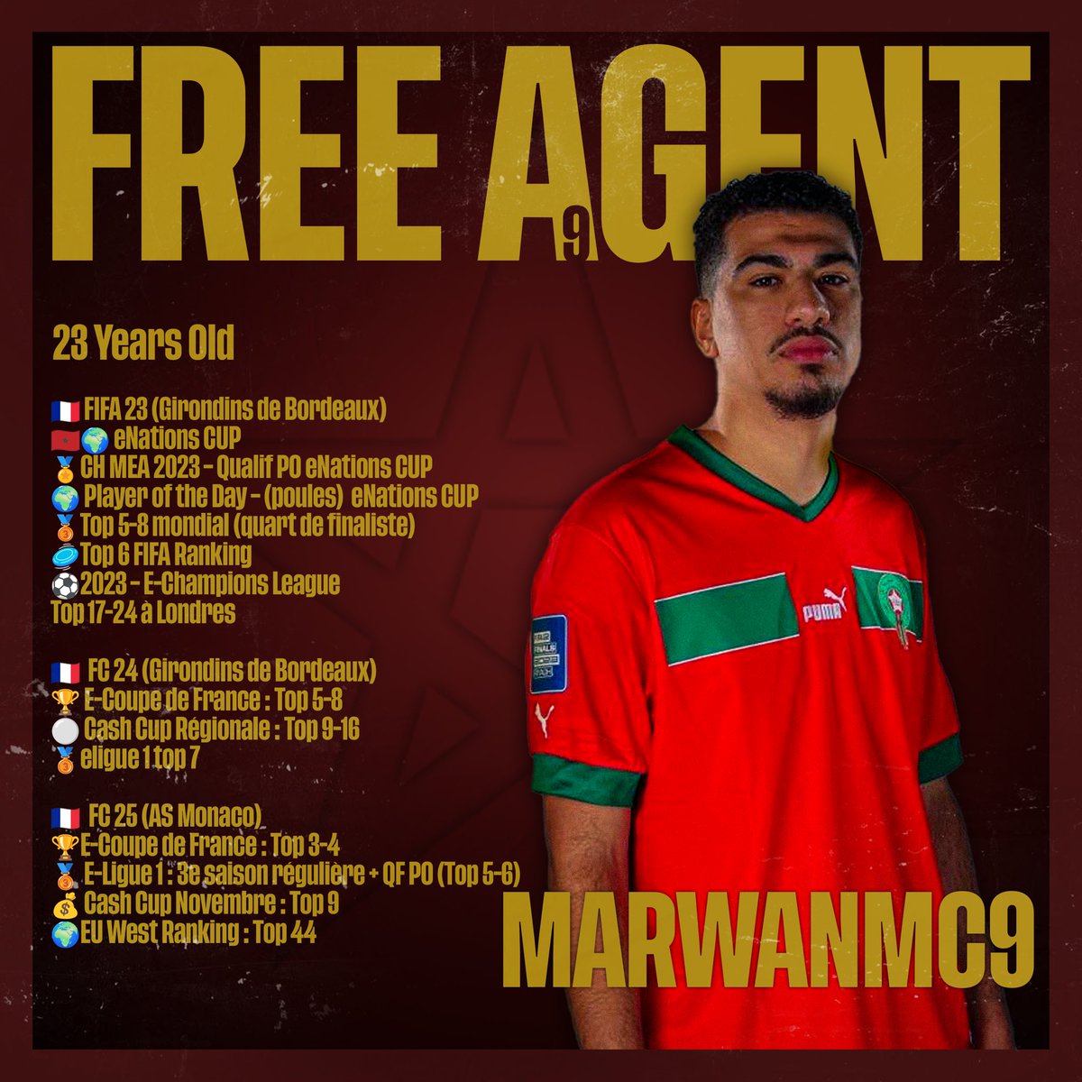 MarwanMC9 🇲🇦🇵🇸 (@marwanmc9) on Twitter photo FREE AGENT 🆓🎮
Mon contrat étant arrivé à terme,
en accord avec l’ <a href="/ASMonacoEsports/">AS Monaco Esports</a> je suis ouvert à toute proposition.
Je recherche une organisation / structure à représenter à la fois pour le LCQ 🇸🇦 et pour la saison prochaine.
RT X ❤️ appréciés 🔁🙌🏼 FREE AGENT 🆓🎮
Mon contrat étant arrivé à terme,
en accord avec l’ <a href="/ASMonacoEsports/">AS Monaco Esports</a> je suis ouvert à toute proposition.
Je recherche une organisation / structure à représenter à la fois pour le LCQ 🇸🇦 et pour la saison prochaine.
RT X ❤️ appréciés 🔁🙌🏼