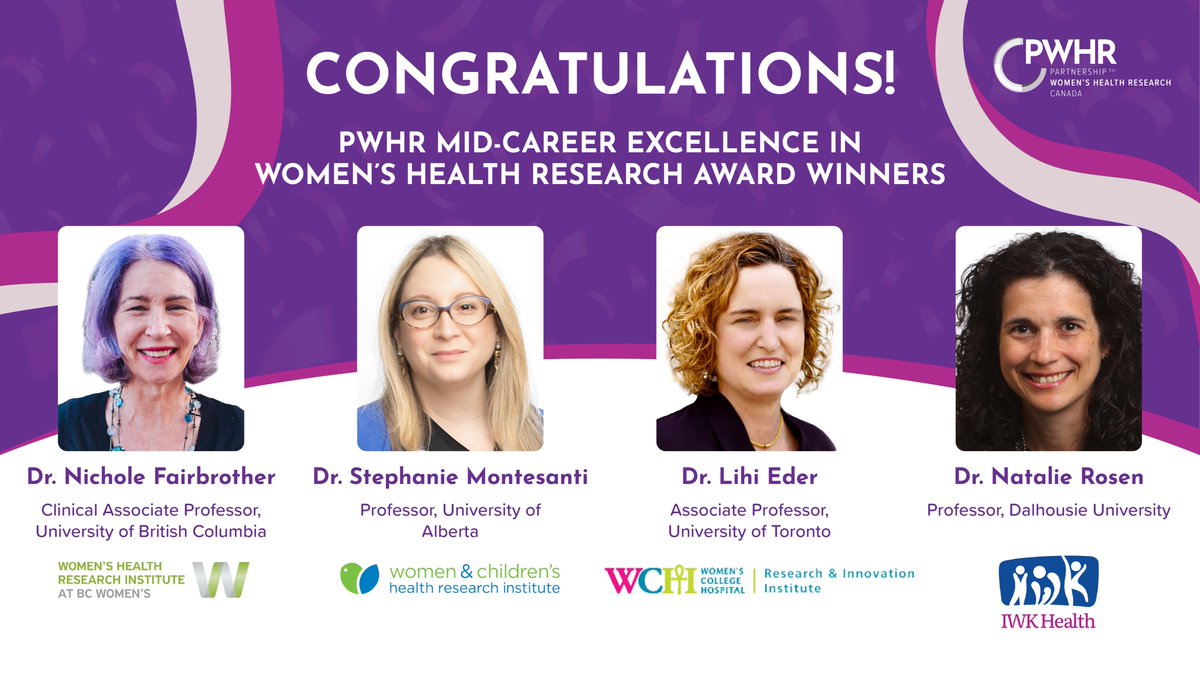 Partnership for Women's Health Research Canada (@pwhrcanada) on Twitter photo 🎉 Meet the winners of the 2025 @PWHRCanada Mid-Career Excellence in Women’s Health Research Award:
🔬 Dr. Fairbrother (<a href="/WomensResearch/">Women's Health Research Institute</a>)
đź§ Dr. Montesanti (<a href="/WCHRIUofA/">Women & Children's Health Research Institute</a>)
đź’ˇ Dr. Eder (<a href="/WCHospital/">Women's College Hospital</a>)
đź’¬ Dr. Rosen (IWK Health)
➡️ Learn more about their work: bit.ly/PWHRaward 🎉 Meet the winners of the 2025 @PWHRCanada Mid-Career Excellence in Women’s Health Research Award:
🔬 Dr. Fairbrother (<a href="/WomensResearch/">Women's Health Research Institute</a>)
đź§ Dr. Montesanti (<a href="/WCHRIUofA/">Women & Children's Health Research Institute</a>)
đź’ˇ Dr. Eder (<a href="/WCHospital/">Women's College Hospital</a>)
đź’¬ Dr. Rosen (IWK Health)
➡️ Learn more about their work: bit.ly/PWHRaward