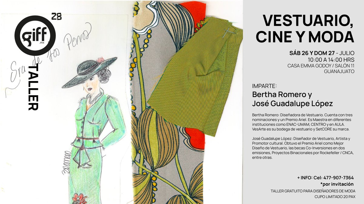 🎭 El vestuario construye mundos, épocas y personajes.
GIFF presenta el taller “Vestuario, cine y moda”, una experiencia formativa con dos figuras clave del cine mexicano:
✨ Bertha Romero, Premio Ariel y maestra de generaciones
✨ José Guadalupe López, creador, gestor y