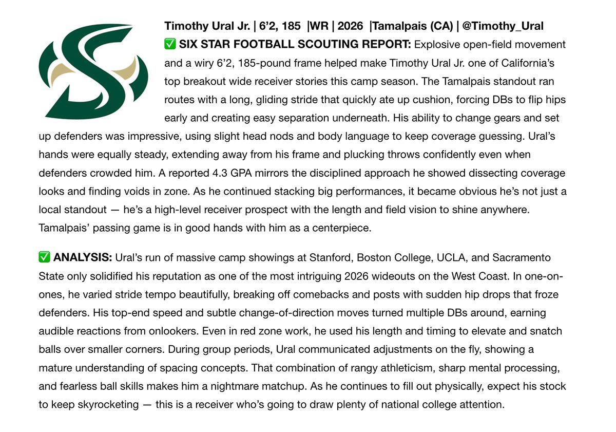 Timothy_Ural's tweet image. Thank you @sixstarfootball for another great write up. Had a great time competing at sac state. @CoachSidKrish @CJPollard1 @jlawson707 @amejia_94
