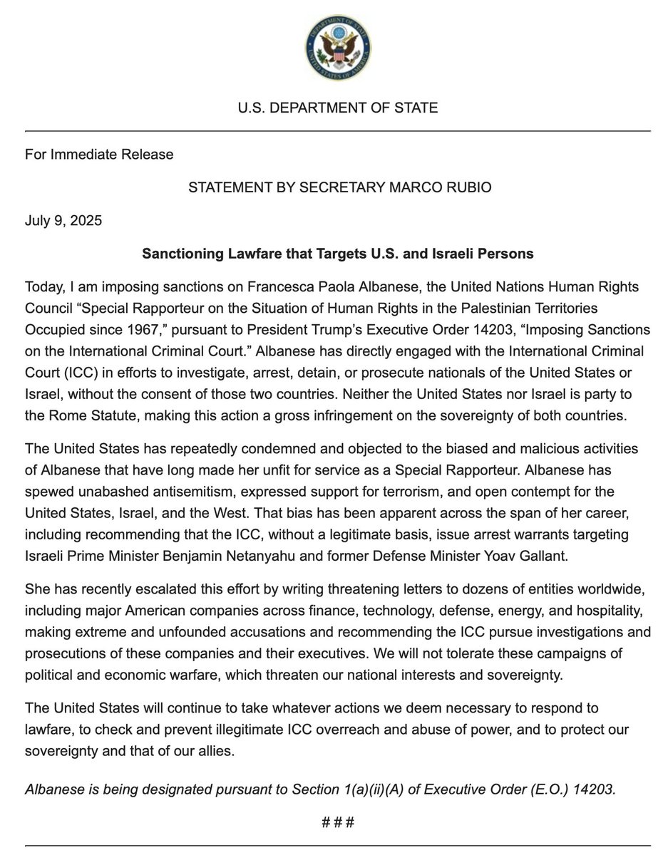 dankar's tweet image. The US has imposed sanctions on UN Special Rapporteur Francesca Albanese, accusing her of waging “political and economic warfare” against the US and Israel. Secretary of State Marco Rubio said her push for ICC action was “illegitimate and shameful” and won’t be tolerated.