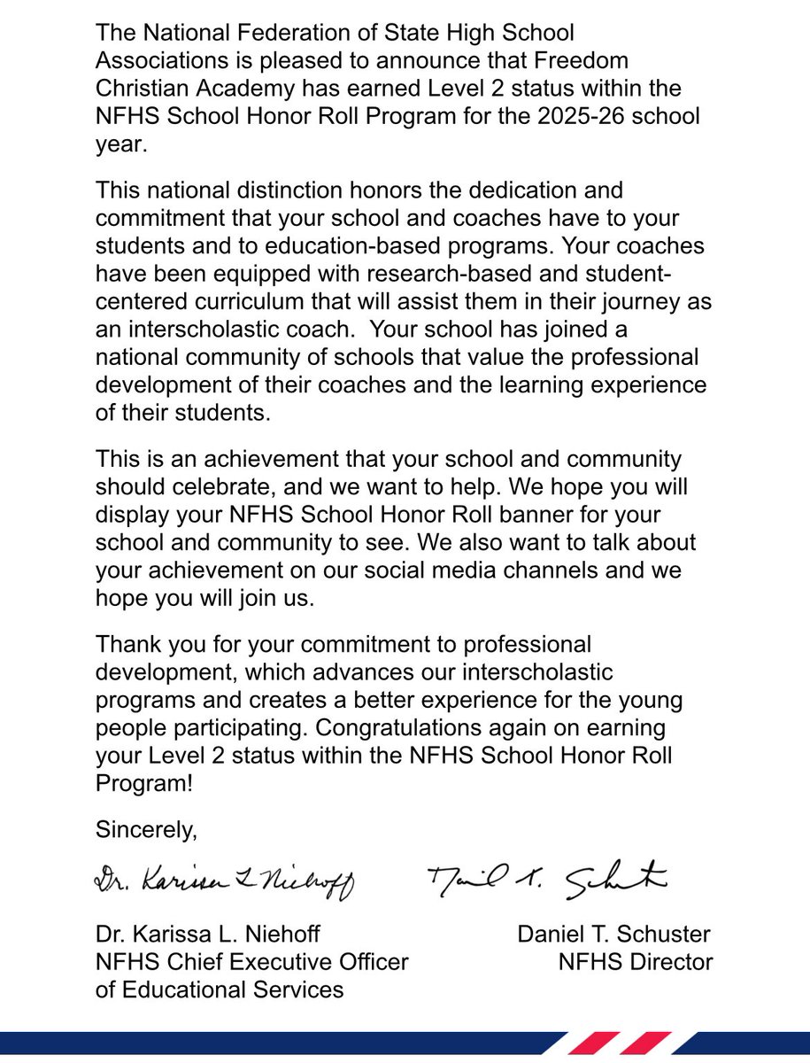 FREED0MAthletic's tweet image. Level 2 status by the NFHS for the commitment to prof development by our school, administrators, the athletic director, and our coaches.
We 👀 forward to continuing to raise the bar in Christian athletics and appreciate the commitment from all involved. 🙏
We are Freedom 🇺🇸❤️