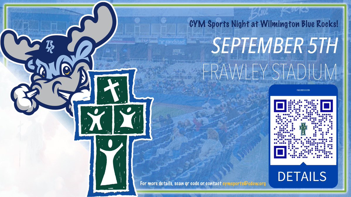 CYMsports's tweet photo. CYM Sports 🤝 Wilmington Blue Rocks

Come see Fireworks and celebrate the start to another year at CYM Sports Night! Your final chance to see the Blue Rocks in-action this season @ Frawley Stadium! ⚾️🏟️

Head over to https://t.co/p4oiImehSl for details!

✝️ | #CYMsports https://t.co/FBG13CjH74