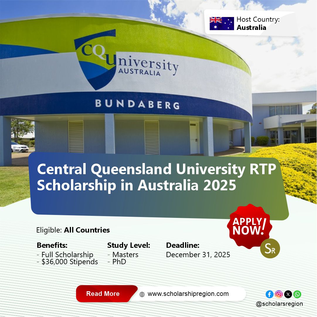 scholarsregion's tweet photo. Central Queensland University RTP Scholarship in Australia 2025

Country: Australia🇦🇺

(i) The Central Queensland University located in Australia is inviting applications for the 2025 RTP Scholarships.

(ii) The Scholarship is available to students from all countries of the world seeking to earn a Master's or PhD degree.

(iii) The scholarship provides full tuition fees along with a yearly stipend of $36,000 for the winners. 

(iv) The deadline for the application is December 31, 2025

Apply:
https://t.co/CNYE3mKAwx