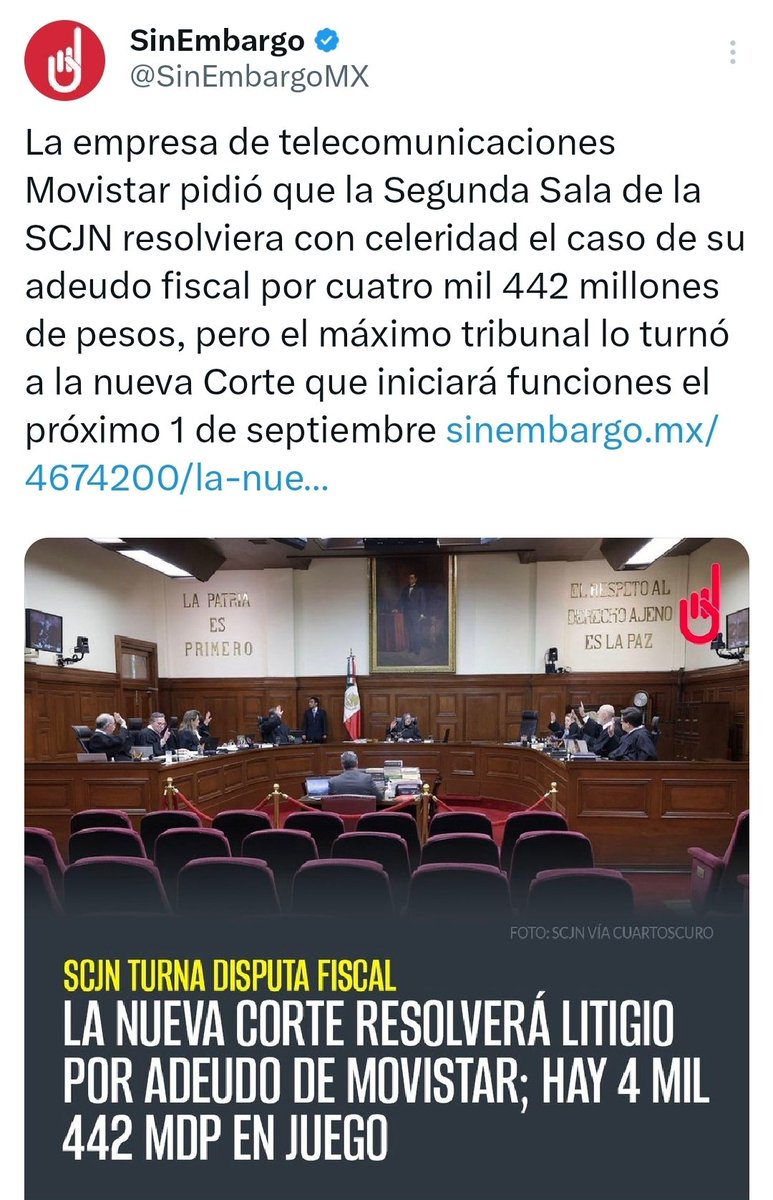 🚨 SE QUEDAN SIN FACTURAR ORTIZ MENA Y NORMA PIÑA

Debido a la presión social, se impidió que el Ministro puesto por <a href="/FelipeCalderon/">Felipe Calderón 🇲🇽🇺🇦</a> resolviera por perdonarle 4,442 MDP a la empresa Española Movistar. El caso millonario de adeudo fiscal será resuelto por el Nuevo Poder Judicial