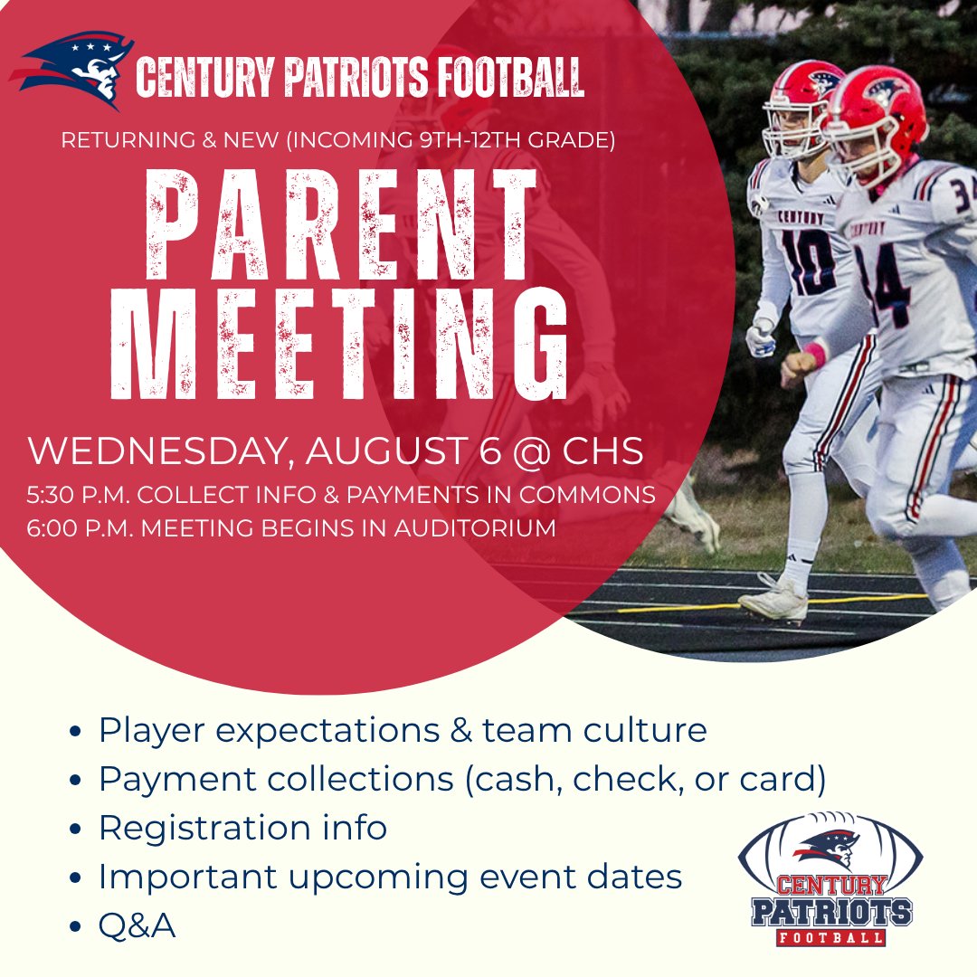 IMPORTANT** Parents, this is a meeting you don’t want to miss! Join us for the details about the upcoming season. Arrive between 5:30-6:00pm for making payments &amp; at 6:00pm Coach Wingenbach will address all parents in the auditorium and provide an opportunity for Q&amp;A.