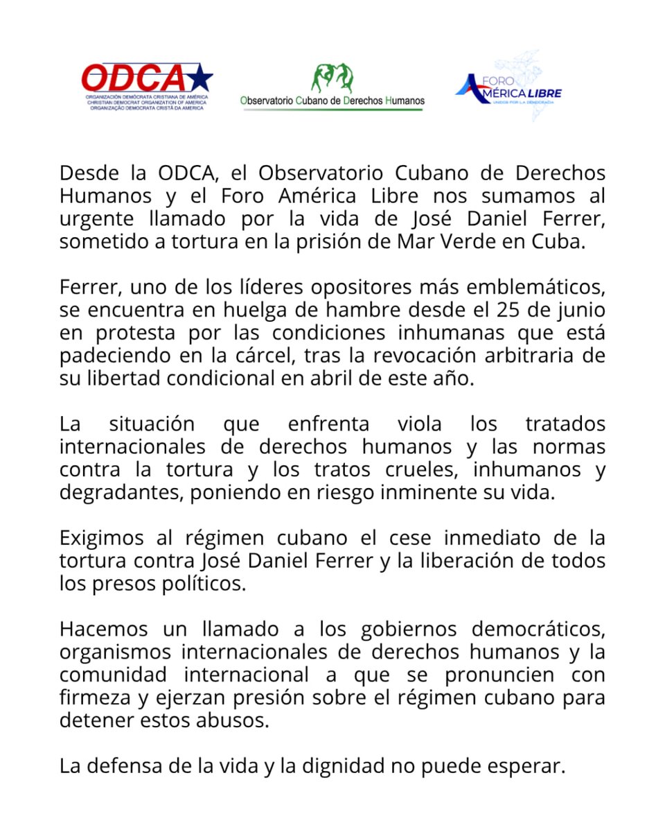 America_Libre1's tweet image. 🇨🇺 Desde el Foro América Libre, el @observacuba y la ODCA, nos sumamos al urgente llamado por la vida de @jdanielferrer sometido a tortura en la prisión de Mar Verde en Cuba.
Ferrer, uno de los líderes opositores más emblemáticos, se encuentra en huelga de hambre desde el 25 de…