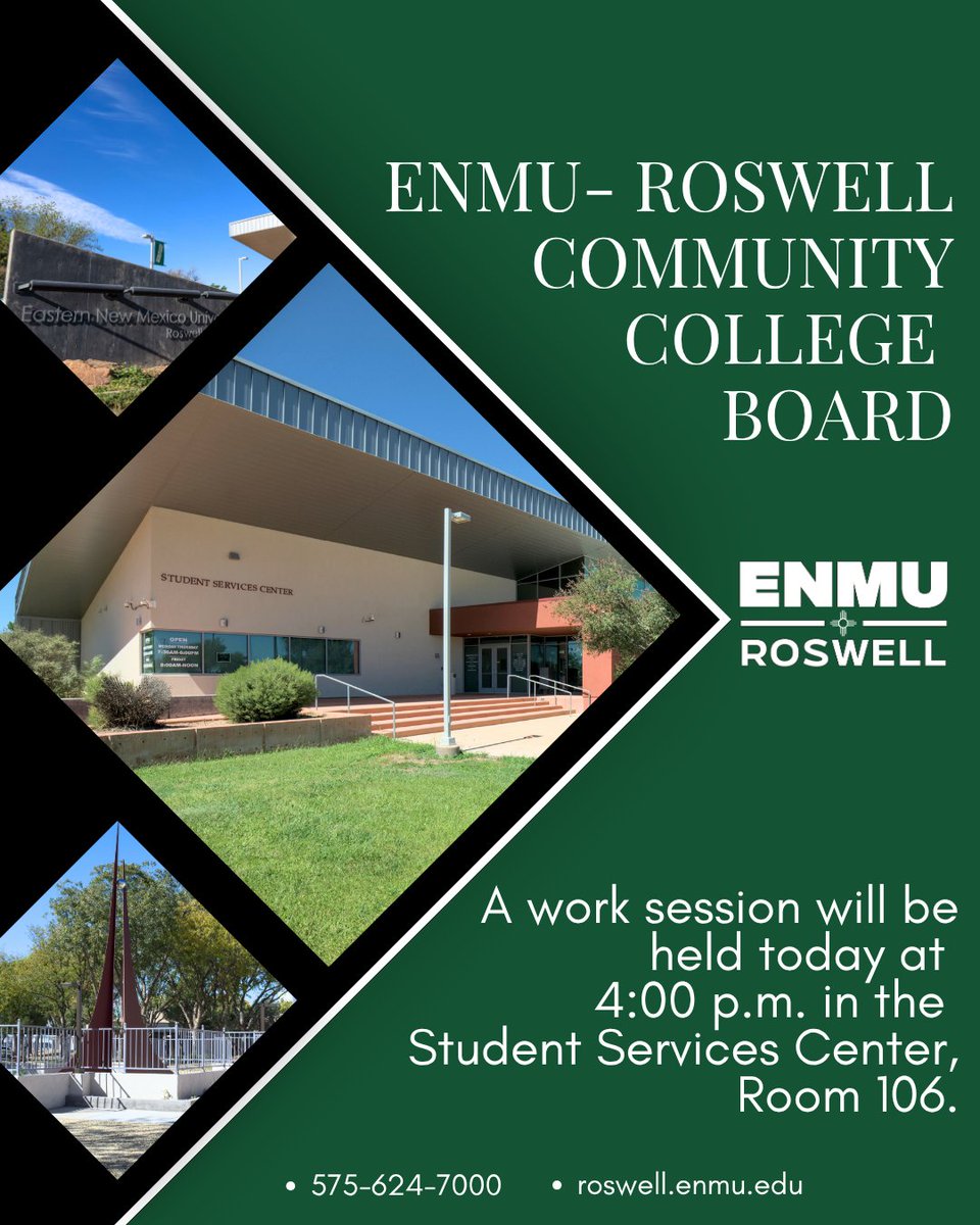 enmur's tweet image. 📣 Happening Today! The ENMU-Roswell Community College Board will hold a work session at 4:00 p.m. in the Student Services Center, Room 106.  All are welcome to attend!  #ENMURoswell #CommunityBoard #WorkSession
