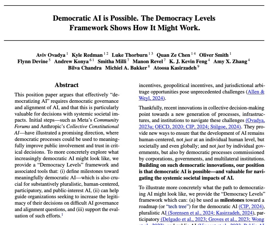 metaviv's tweet image. 🚨 NEW PAPER: “Democratic AI is Possible: The Democracy Levels Framework Shows How It Might Work” #icml2025 

AI is reshaping our world. 
How should we steer its development? 

We introduce the Democracy Levels Framework to define concrete milestones toward meaningfully…
