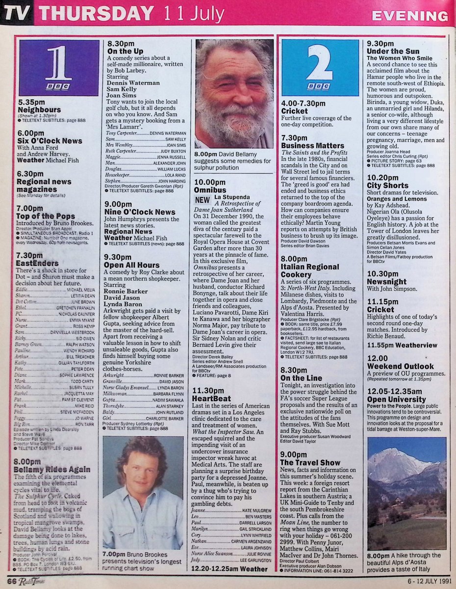 TvDidYouSee's tweet photo. #OnThisDay 11 July 1991 ๐บTV Listings
The final part of CBBC drama BLUEBIRDS, with #BarbaraWindsor and a young #MartineMcCutcheon.
The penultimate episode of G B H.
#MeeraSyal guest stars in #TheBill.
There's a shock for Dot in #EastEnders.
Bruno Brookes with TOP OF THE POPS. https://t.co/nvXMguRavb
