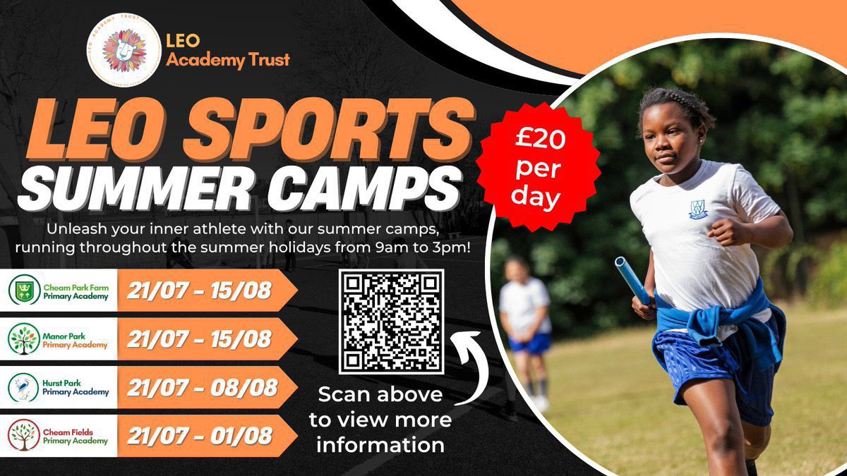 📢 Just 2 weeks to go …

Join us for an action packed Summer Holiday!

Our Sports Camps will be running at:

<a href="/CFPSchool/">Cheam Fields Primary</a> 
<a href="/cheamparkfarm/">Cheam Park Farm</a>
<a href="/HurstParkSchool/">Hurst Park Primary Academy</a>
<a href="/ManorParkSchSM1/">Manor Park Primary Academy</a>

Book 👉 leosportscamps.clubsbuddy.net

More information 👉 sites.google.com/leoacademytrus…

#LEOsportscamps 🦁🤸🏻‍♂️ ⚽️
