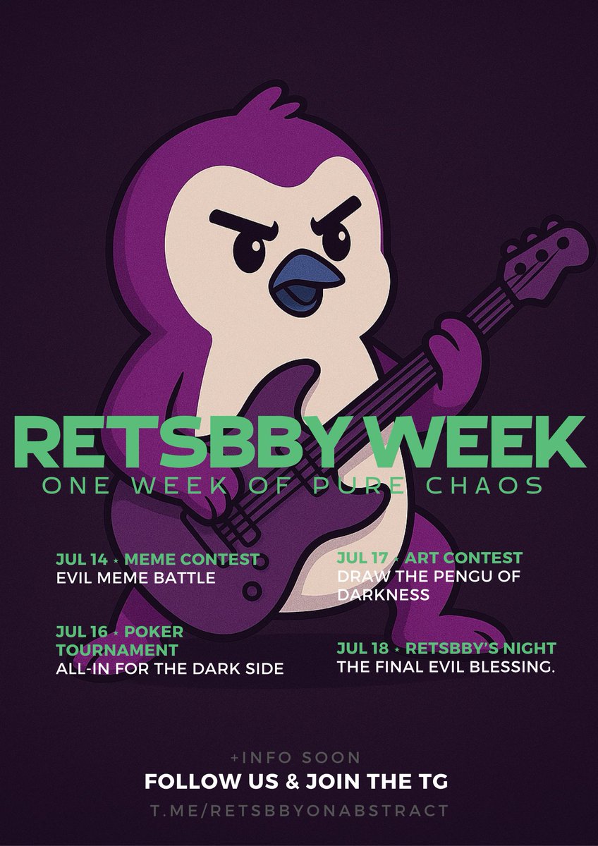 retsbbyxyz's tweet photo. RETSBBY WEEK IS COMING 🐧💜

next week we're going FULL EVIL…
a whole week of chaos, memes, poker & art contests.
because being evil is better when we do it together 😈

💥 to participate in all events:
 -✅ follow us and @PochiSempere @imlast999  @bigpump777 @AKA_MINDBLOWING @rayanmichael910
 -🔁 repost this post
 -👥 tag 3 frens

let the games begin.
📲 join the community → https://t.co/cRHFFxDtfP