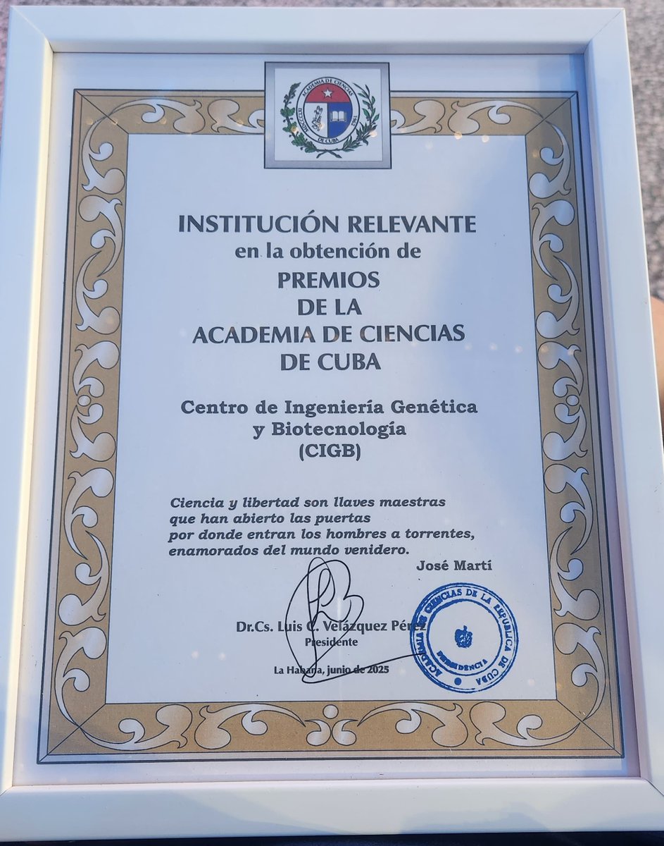 Se reconoce al <a href="/CIGBCuba/">CIGBCuba</a> como INSTITUCIÓN RELEVANTE en la obtención de PREMIOS DE LA ACADEMIA DE CIENCIAS DE CUBA.

¡#CubaEstáFirme 🇨🇺 por más resultados como este!