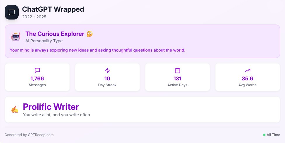 chibuzorobilom's tweet photo. Just got my GPTRecap!

I'm a The Curious Explorer 🤔 with:
1,766 messages.
🔥 10 day streak
⚡ Prolific Writer

Get yours at https://t.co/Nm2cY9rA5y https://t.co/TGtw9fNzMT