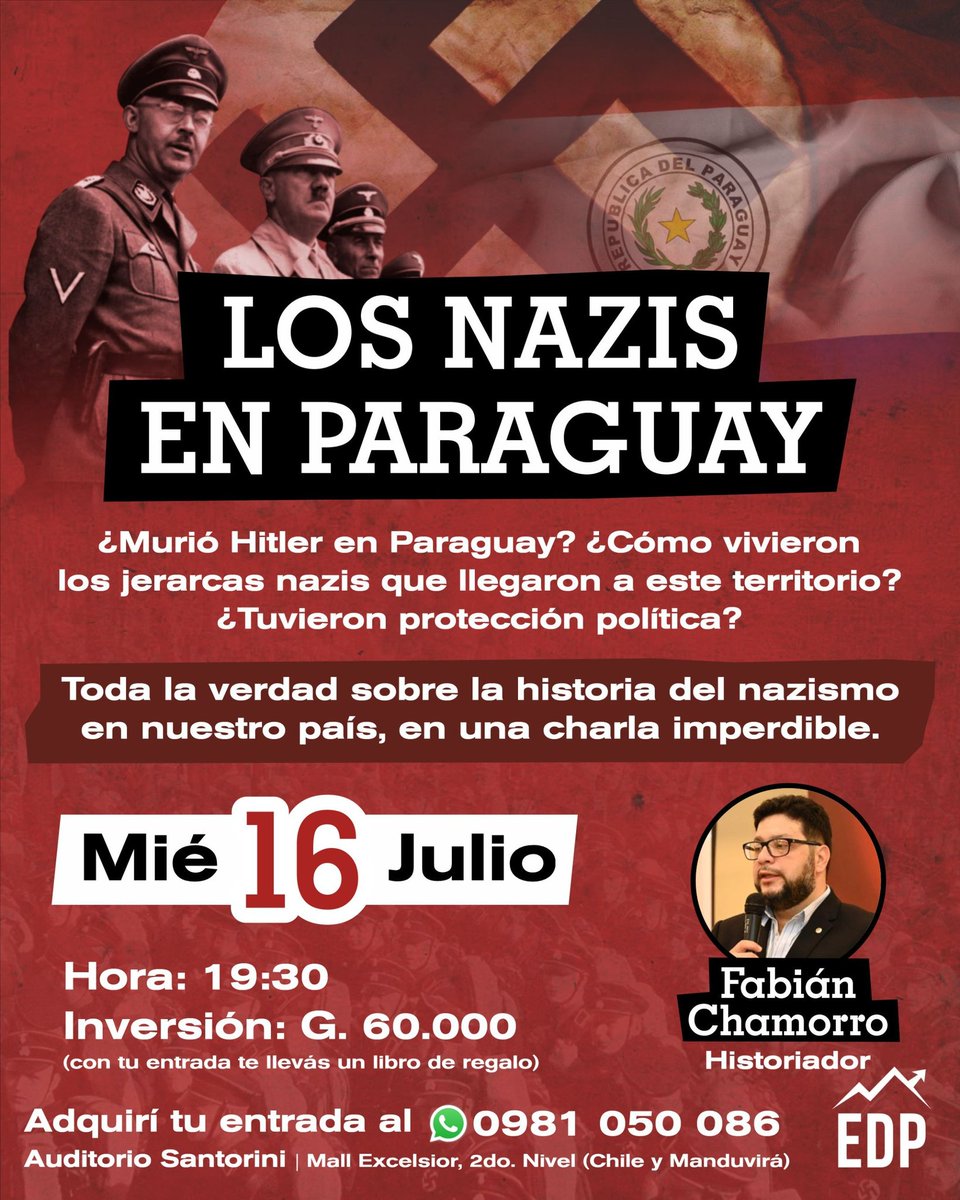 Una charla a cargo de <a href="/fabian_1978/">Fabián Chamorro</a> que revela lo que pocos se atreven a contar. Un recorrido por la historia que vinculó al Nazismo y el Paraguay. 

📲 No te quedes sin tu entrada. Escribinos al WhatsApp 0981050086 

Cupos limitados