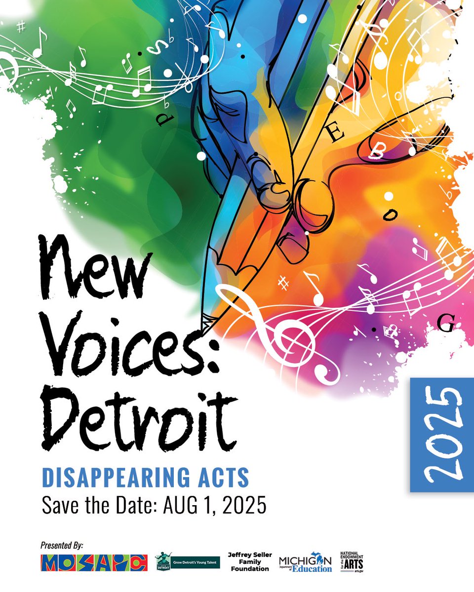 mosaicdetroit's tweet photo. Save the date!

Mosaic’s annual New Voices festival is coming August 1st✨

Young artists are paired with a professional to bring their songs or short plays to life🌟

Stay tuned for more details and to purchase tickets🎭 https://t.co/u0yYDLfq20