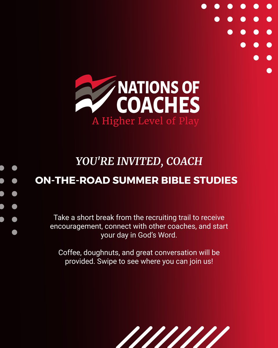NationofCoaches's tweet image. 🏀Coaches — as you hit the road this recruiting season, don’t miss the chance to recharge your spirit.
Join us for an On-the-Road Bible Study!
Swipe through to see where you can join us this month!