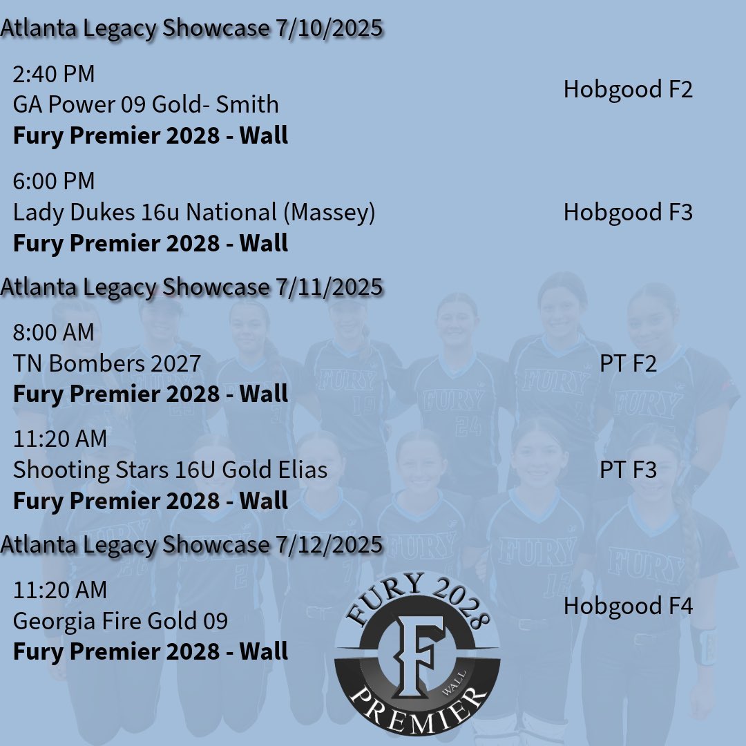 Atlanta Legacy schedule, excited to go compete with my <a href="/premier2028wall/">Fury Premier 2028 - Wall</a> girls!!!💙🩵
<a href="/tcwall45/">TC Wall</a> <a href="/RaeganWall24/">Raegan Wall:)</a> <a href="/SoftballHome/">Softball Home</a> <a href="/ExtraInningSB/">EXTRA INNING SOFTBALL</a>