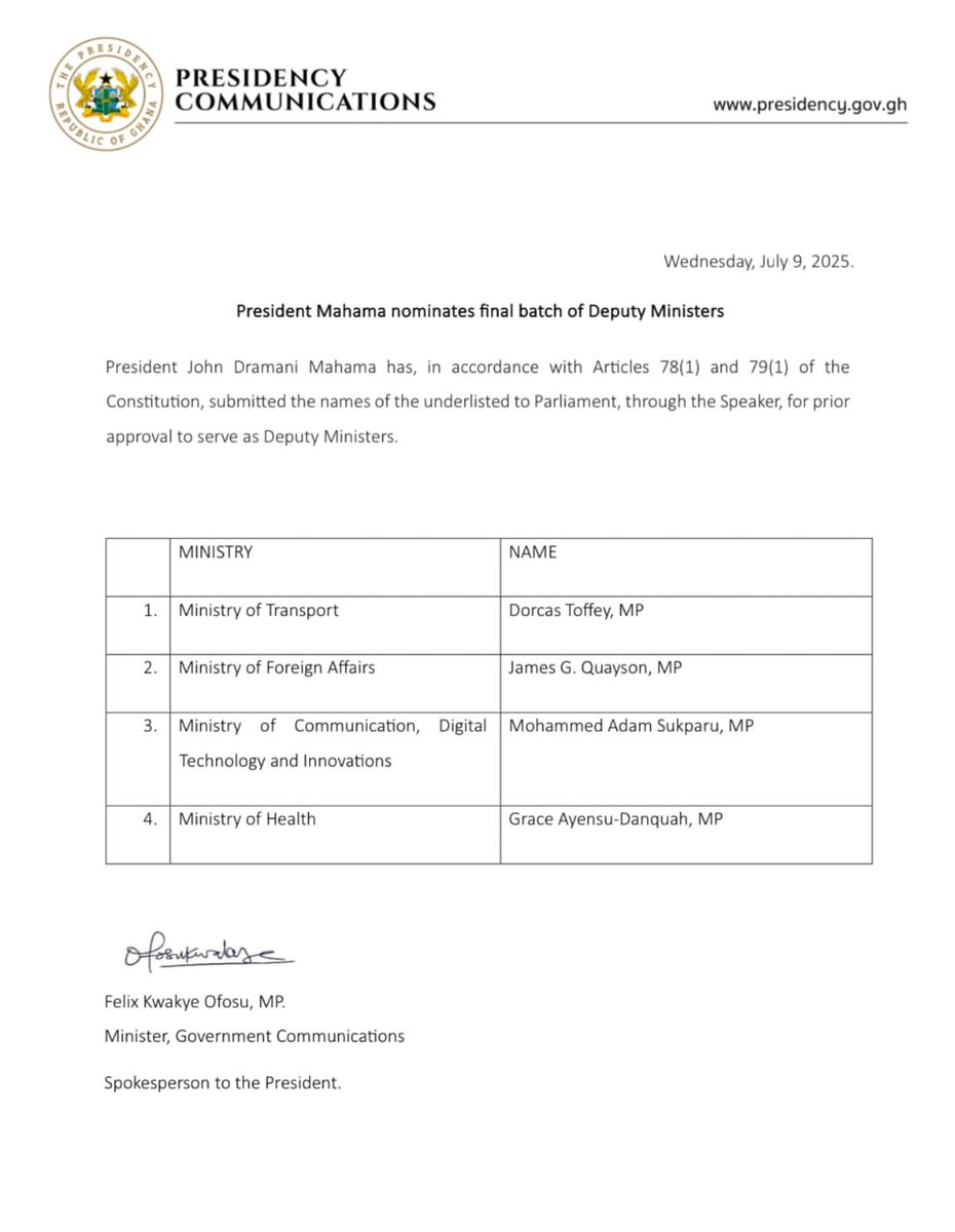 Last batch of Deputy Ministers named.