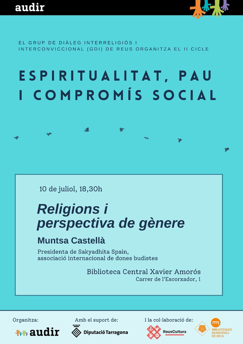 Demà dijous, nova conferència del II cicle Espiritualitat, pau i compromís social, de Reus.

Parlarem de 'Religions i perspectiva de gènere', amb Muntsa Castellà, practicant de budisme tibetà.

🗓️ 10 de juliol
⌚ 18.30 h
📍 Biblioteca Xavier Amorós (c/ Escorxador, 1)

🧵👇
