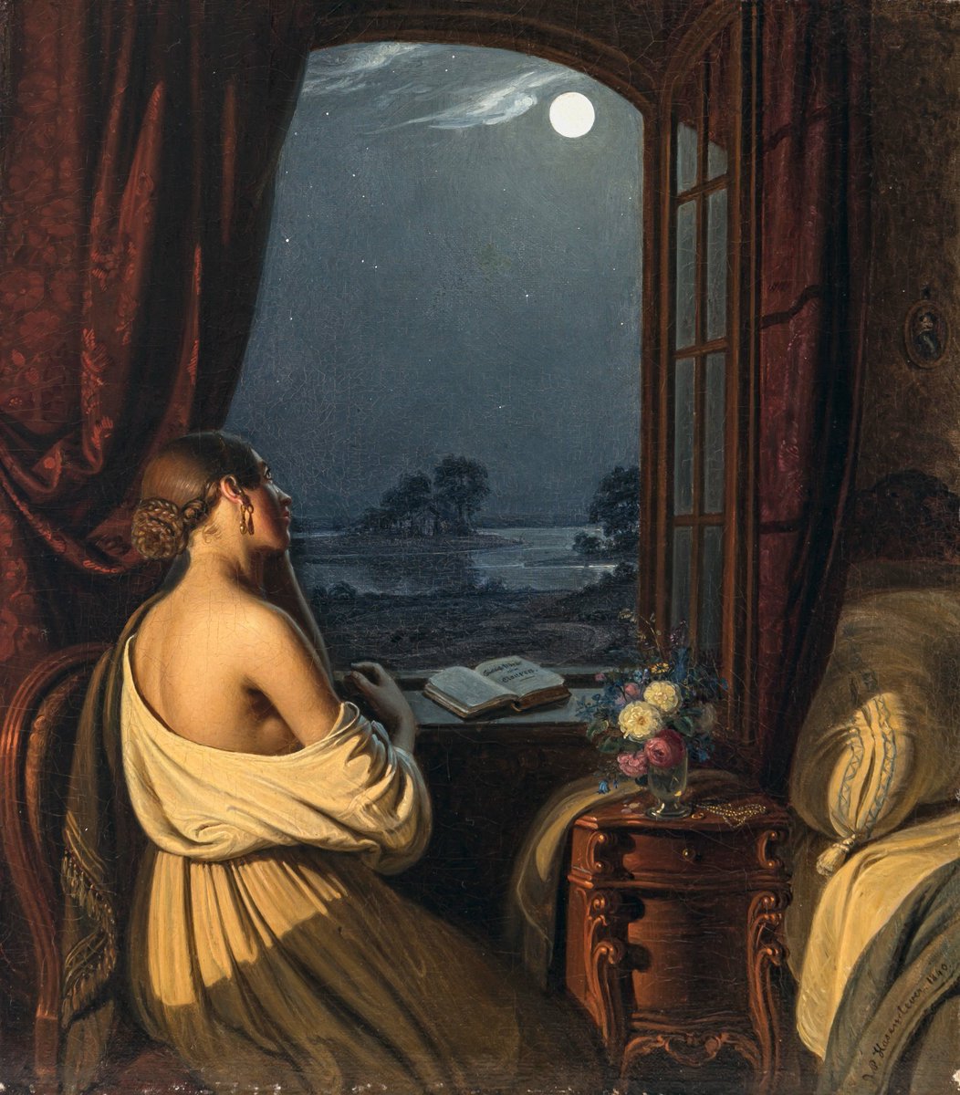 _ArtMuseum's tweet image. Young woman at the open window looking at the full moon, by Johann Peter Hasenclever (1840)
