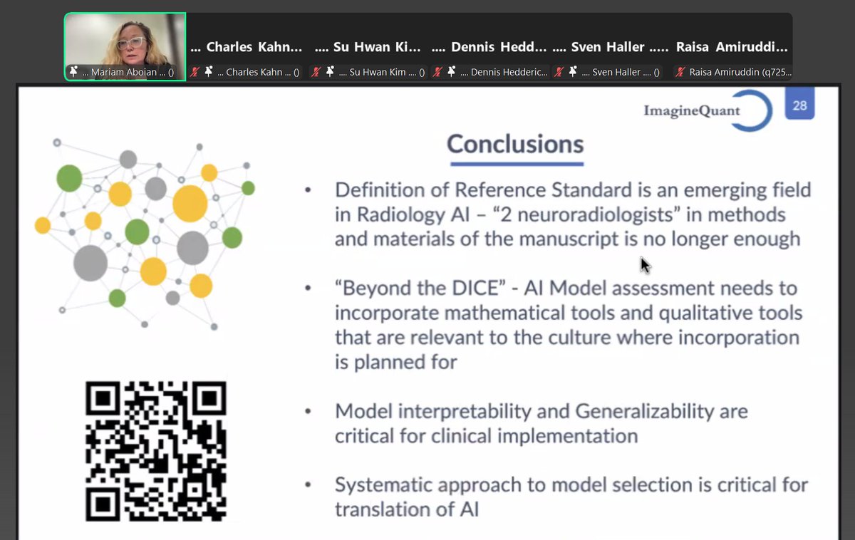 BraTS_Education's tweet photo. @ESNRad Webinar - AI in Neuroimaging

@MariamAboian discussing metrics to evaluate and adopt AI, scope of research in AI implementation, and development of AI tools with relevance to context.
 
#radiology #research #education #artificalintelligence https://t.co/O16kpsa9zZ