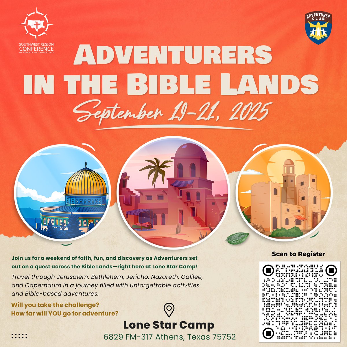 SWRCSDA's tweet image. SAVE THE DATE!!!
🌍 ✨ Adventurers Retreat!
📅 Sept 19–21, 2025
📍 Lone Star Camp, Athens, TX

Journey through Jerusalem, Nazareth, Galilee &amp;amp; more—all in one weekend of fun, faith &amp;amp; discovery!

📲 Scan the QR to register!
#SWRGC #AdventurersClub #BibleLands2025
