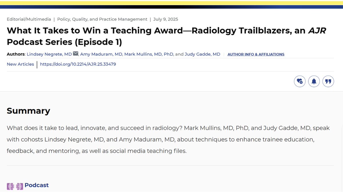 arosenkrantzmd's tweet image. New AJR:
"What It Takes to Win a Teaching Award—Radiology Trailblazers, an AJR Podcast Series (Episode 1)"
By Drs @LindseymarieMD, Maduram, @markemullins, & @JudyGadde @StanfordRad @NURadiology @EmoryUniversity
ajronline.org/doi/10.2214/AJ…