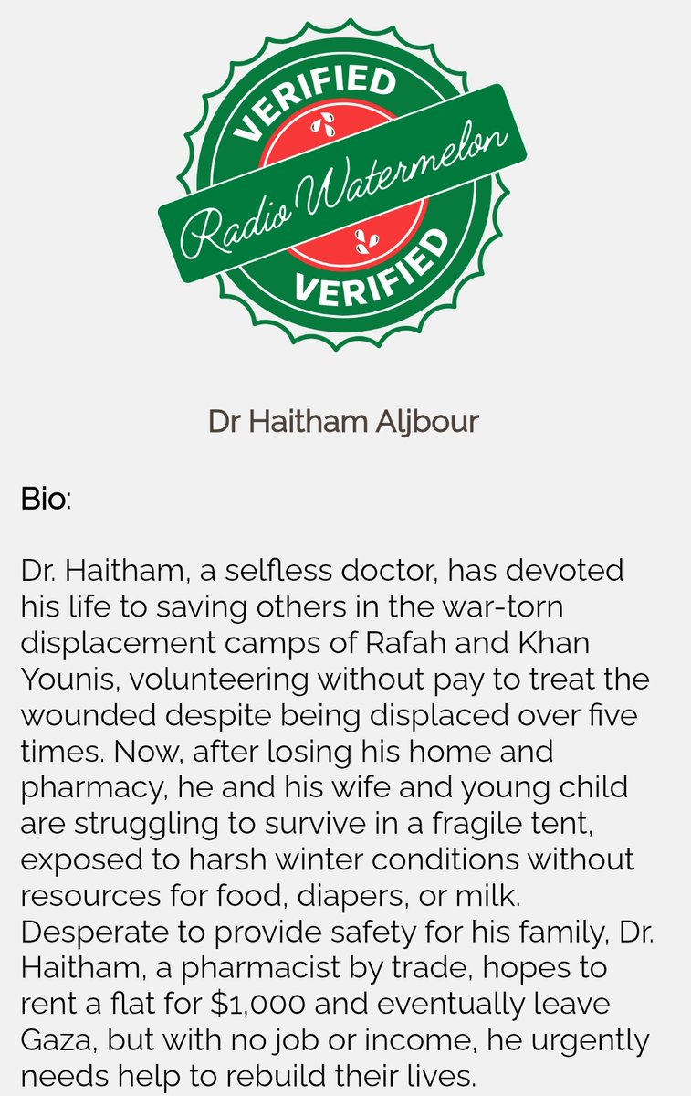 Dr_ haitham๐ (@haitham98b) on Twitter photo My campaign has been verified by the wonderful team at <a href="/RadioWatermelon/">Radio Watermelon</a>
Iโm Dr. Haitham, a doctor and pharmacist from Gaza. Iโve been displaced 8 times, lost my home and pharmacy, and now live in a fragile tent with my wife and baby son, Othman. Despite everything, I continued My campaign has been verified by the wonderful team at <a href="/RadioWatermelon/">Radio Watermelon</a>
Iโm Dr. Haitham, a doctor and pharmacist from Gaza. Iโve been displaced 8 times, lost my home and pharmacy, and now live in a fragile tent with my wife and baby son, Othman. Despite everything, I continued