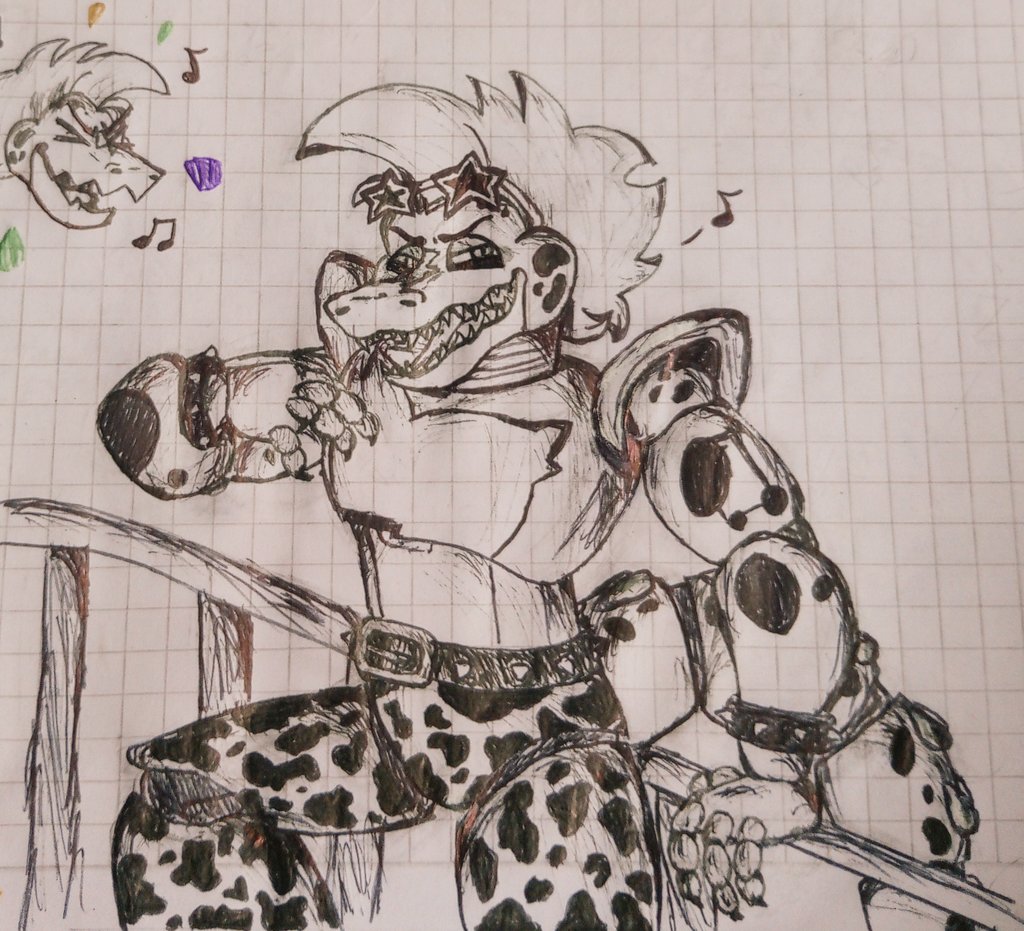 Monty singing? This Au is the best.  🐊🌟
From season 2 of Monty's Path To Consequence. A drawing that I liked from the small advances :D
#montgomerygator #montygator #montyfnaf #fnafsb #fnafsecuritybreach #fnaf9 #fnafart #fnaffanart #fnafau