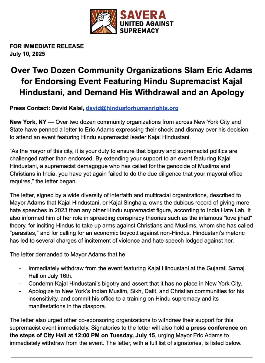 BREAKING: Over Two Dozen Community Organizations Slam Eric Adams for Endorsing Event Featuring Hindu Supremacist Kajal Hindustani, and Demand His Withdrawal and an Apology

"By extending your support to an event featuring Kajal Hindustani, a supremacist demagogue who has called