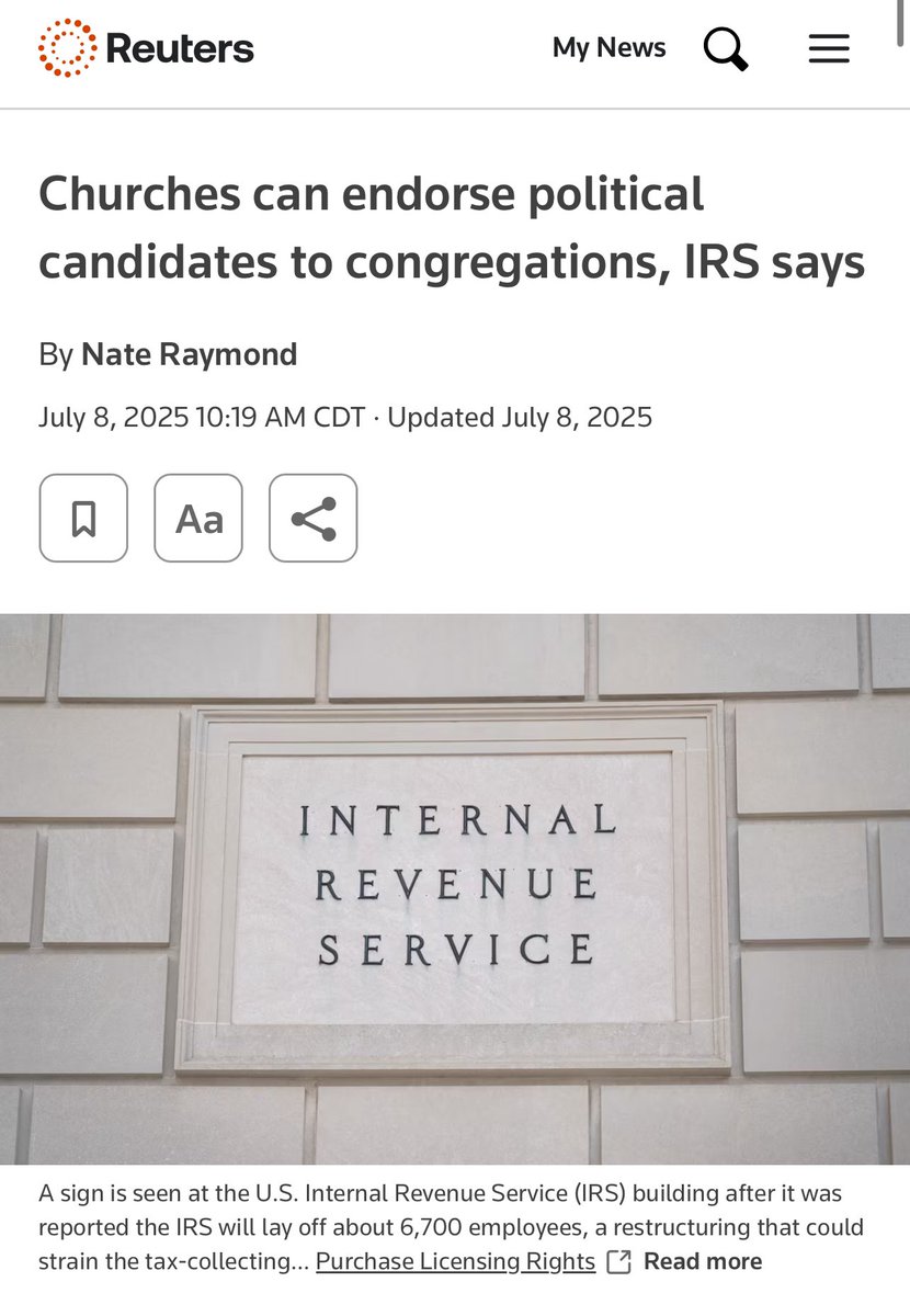 近日，美国国税局（IRS）在一项旨在解决德州教会联合起诉的诉讼中，首次正式同意教会可以在礼拜中公开支持政治候选人，而不会失去免税资格！IRS 与沙德·斯普林斯教堂（Sand Springs Church）、First Baptist Church Waskom 及 National Religious