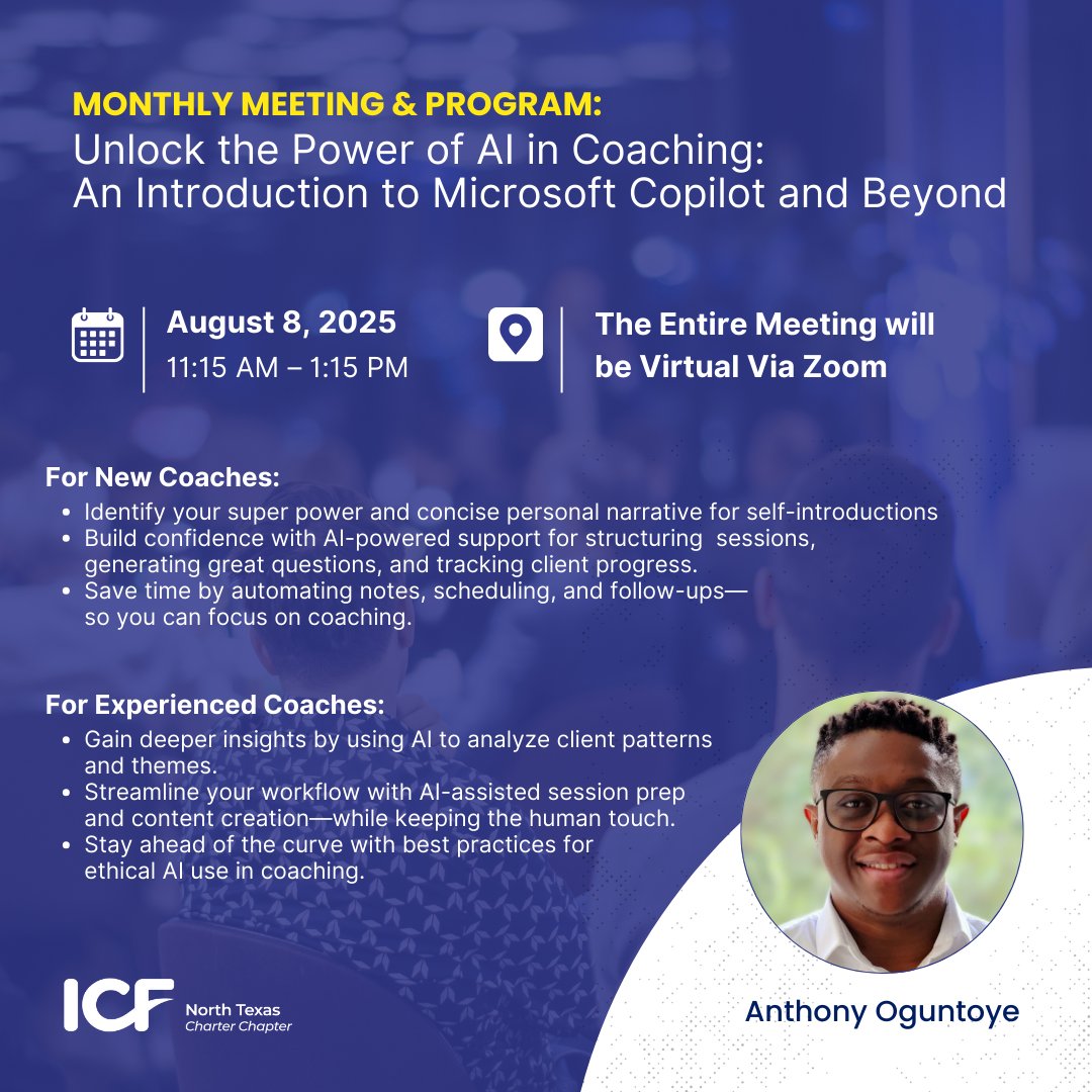 ICF_NT's tweet photo. Join us and learn how AI tools like Microsoft Copilot can enhance your coaching practice - making it more effective, efficient, and ethical. Join us to explore AI tools to enhance your coaching impact and professional growth!

👉Register Here: https://t.co/h7stoOZLww https://t.co/50Xspyeh4U